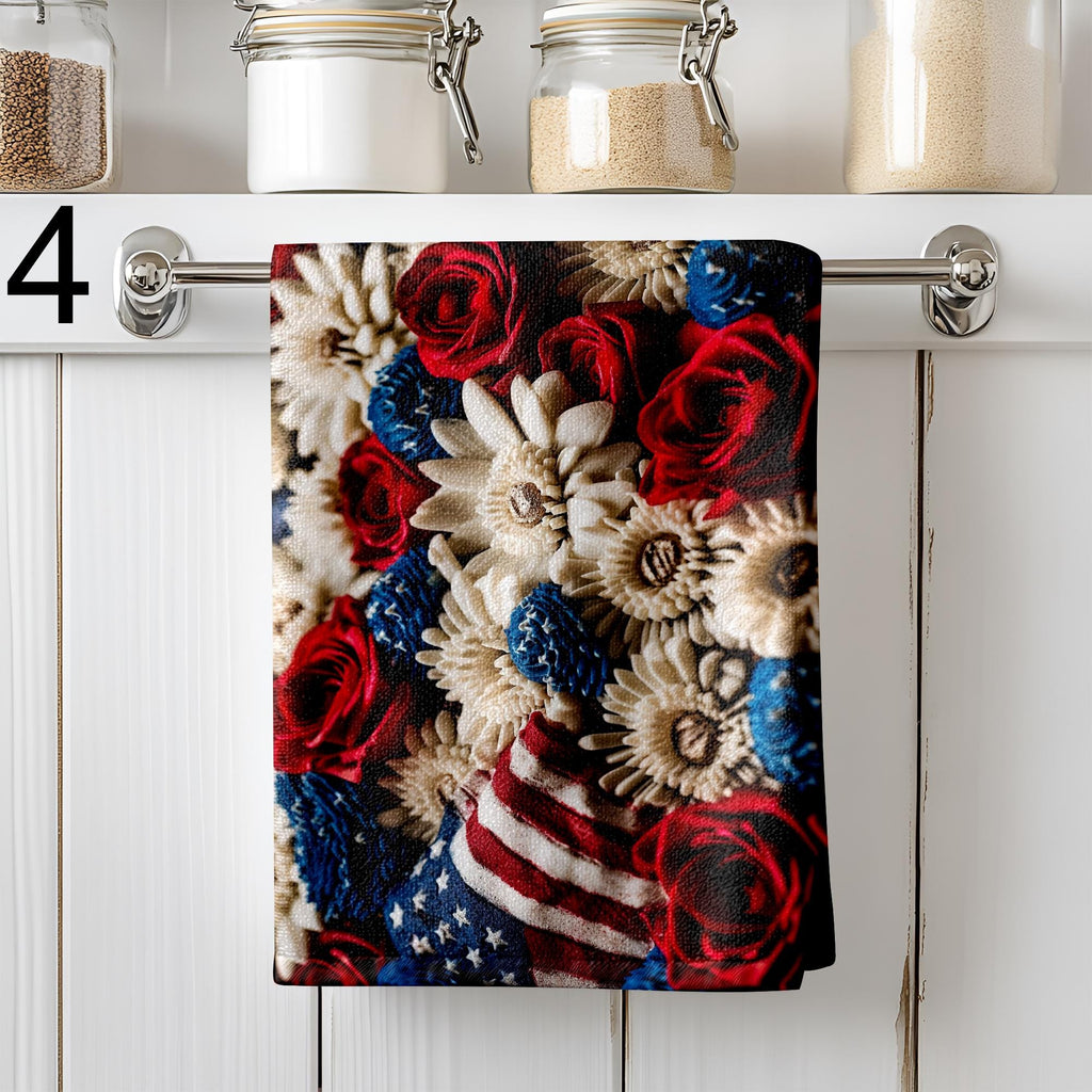Patriotic Floral Kitchen Towels, USA Flag Dish Towels, 4th of July Tea Towel, American Flower Hand Towels, Red Blue White Kitchen Gift Towel