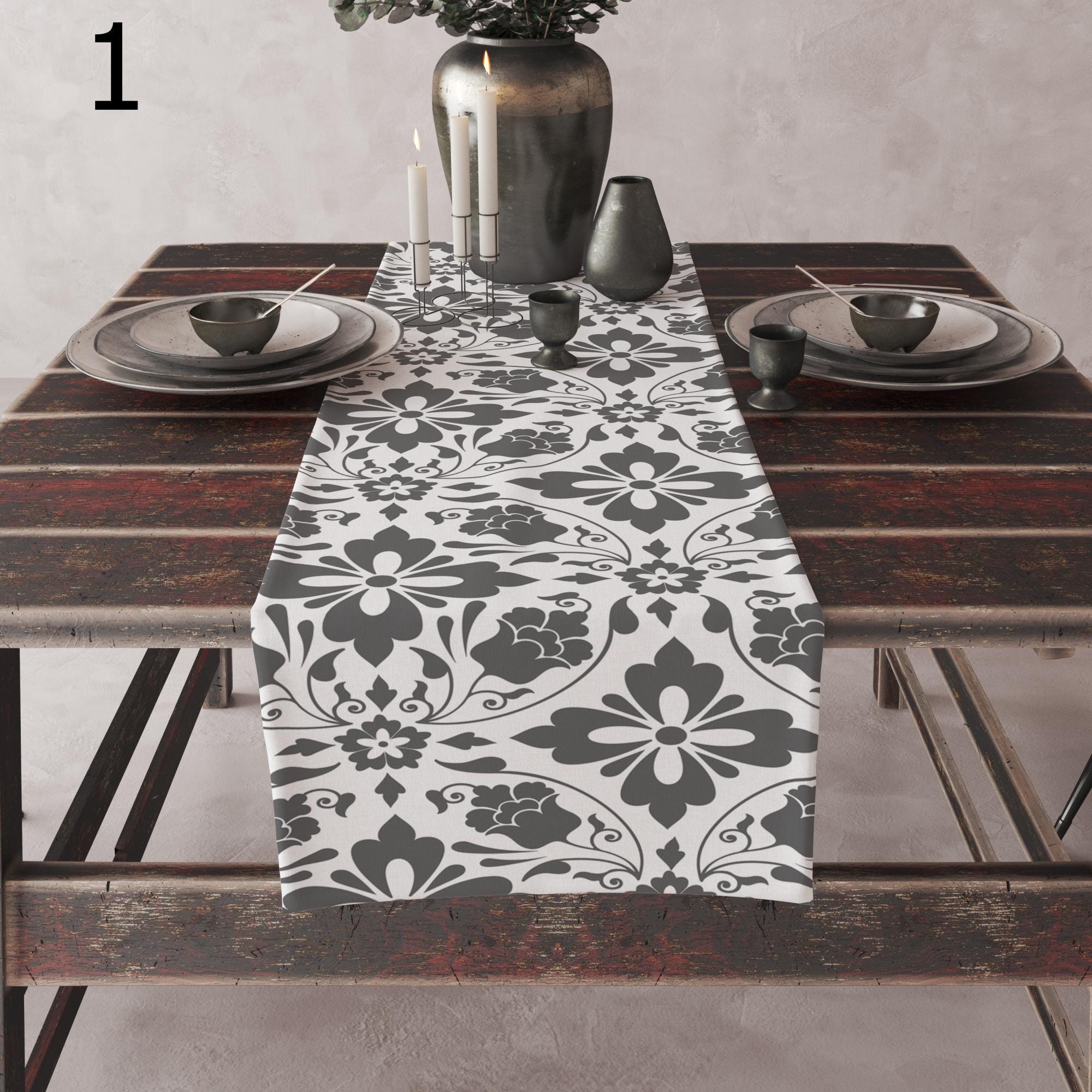 Gray White Damask Table Runner, Baroque Floral Table Decor, Elegant Cotton Table Runner, Classic Dark Gray Table Runners