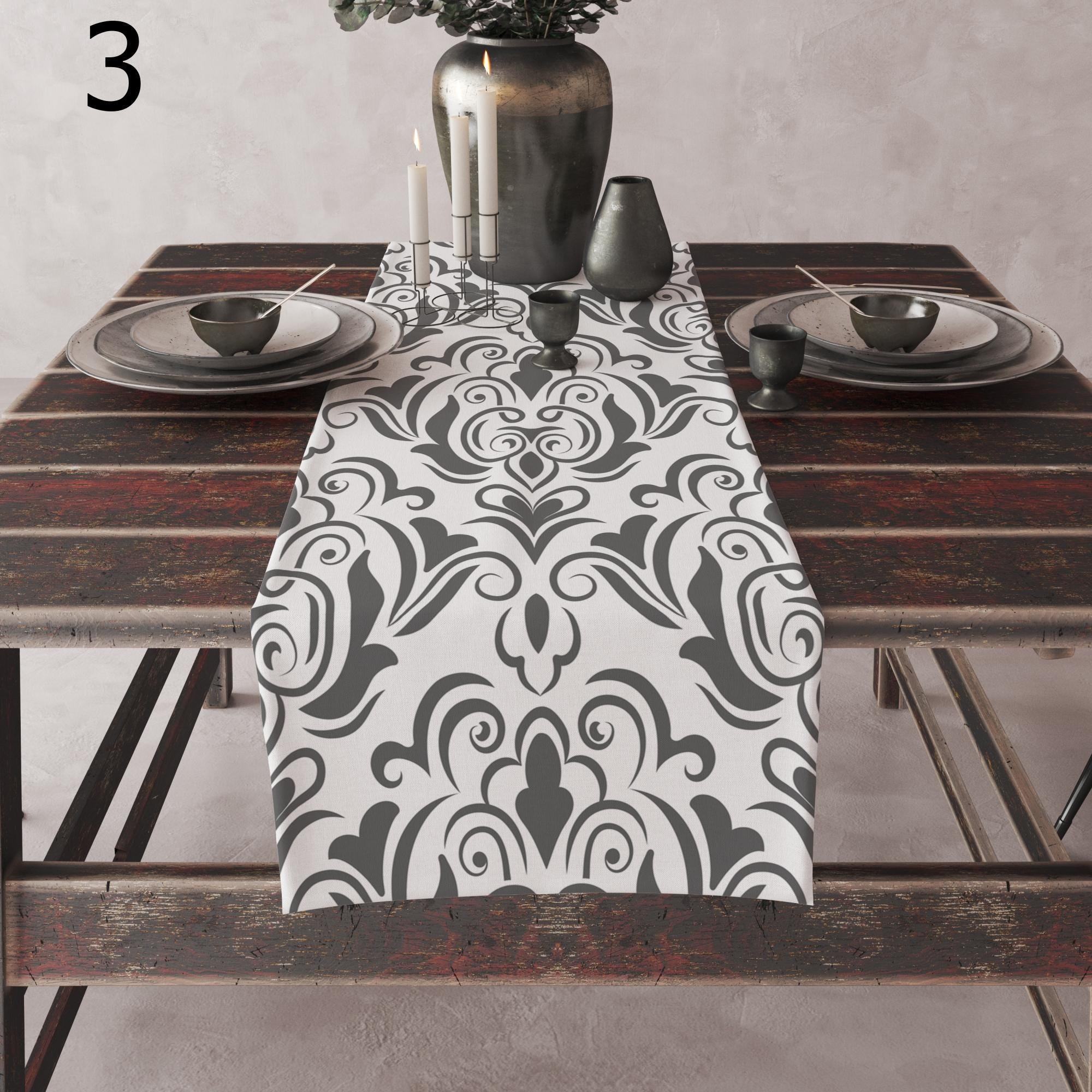Gray White Damask Table Runner, Baroque Floral Table Decor, Elegant Cotton Table Runner, Classic Dark Gray Table Runners