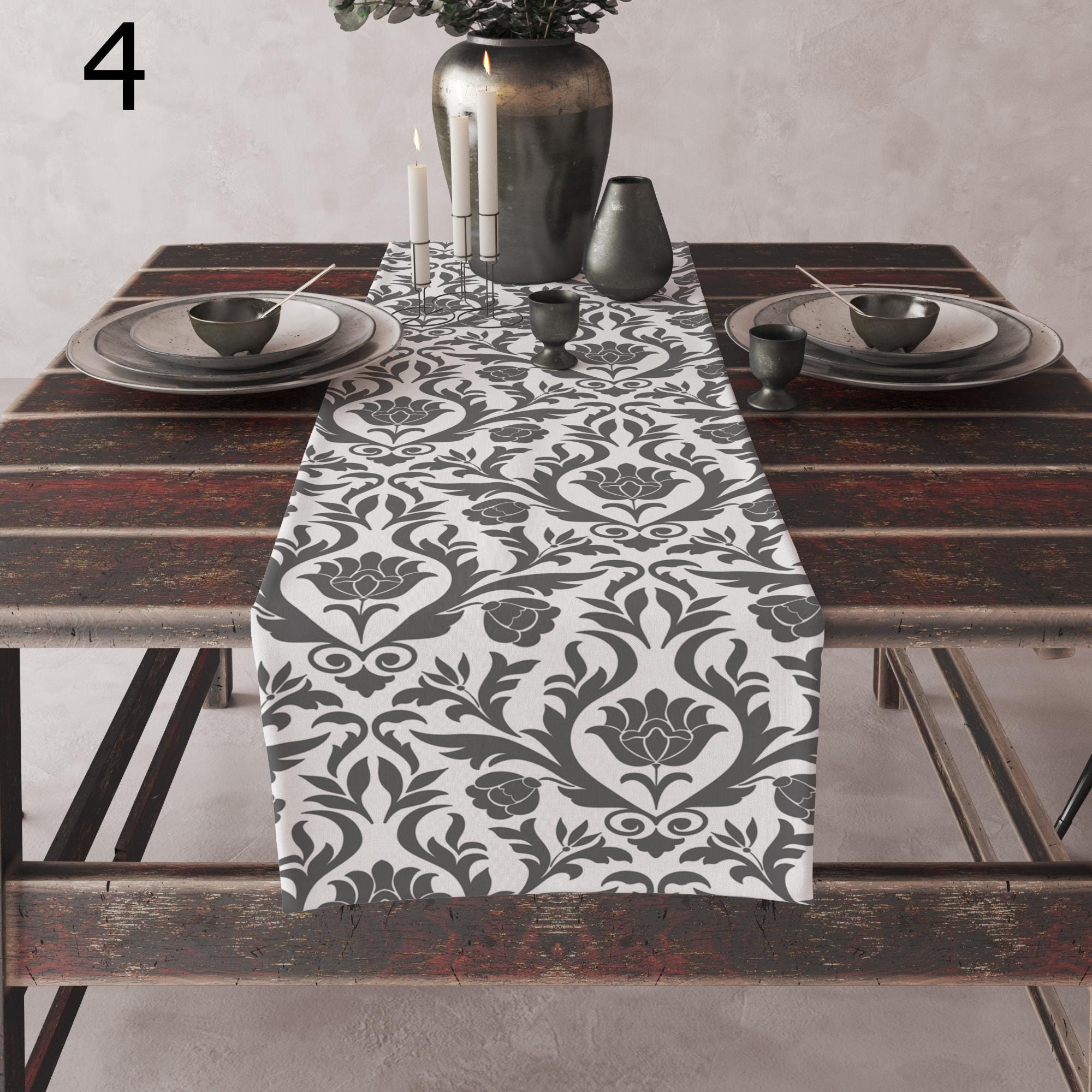 Gray White Damask Table Runner, Baroque Floral Table Decor, Elegant Cotton Table Runner, Classic Dark Gray Table Runners
