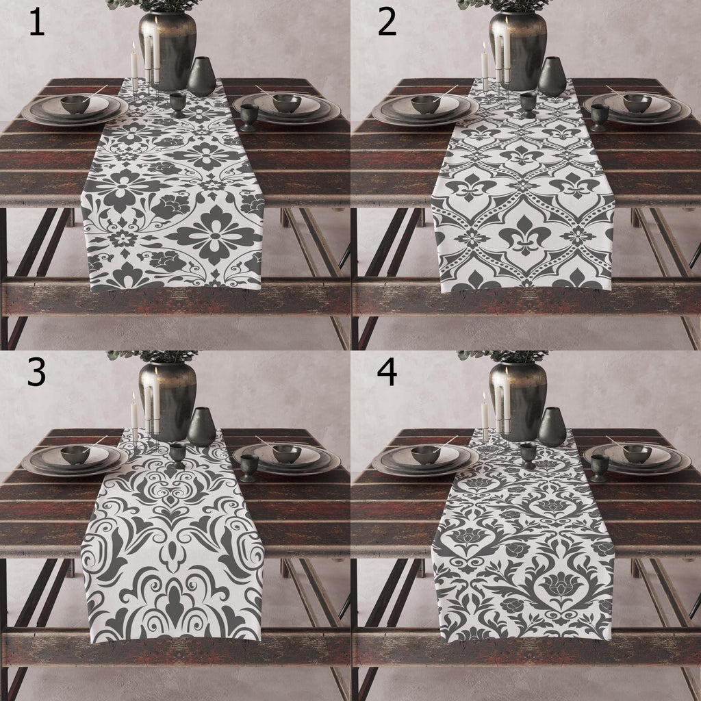Gray White Damask Table Runner, Baroque Floral Table Decor, Elegant Cotton Table Runner, Classic Dark Gray Table Runners