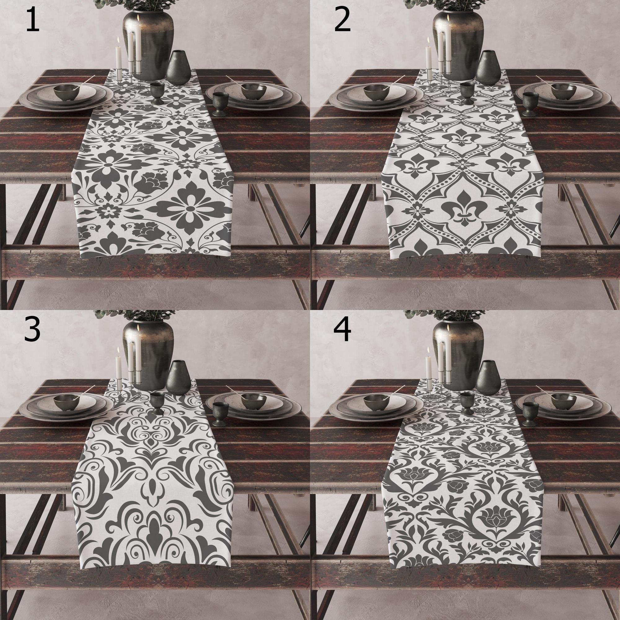 Gray White Damask Table Runner, Baroque Floral Table Decor, Elegant Cotton Table Runner, Classic Dark Gray Table Runners