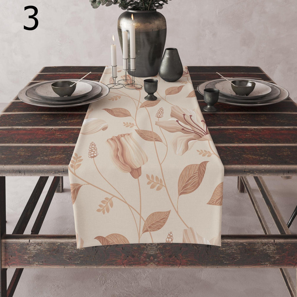 Floral Print Table Runner, Soft Botanical Table Decor, Beige and Blue Table Runners, Elegant Nature-Inspired Runner, Earthy Floral Runners