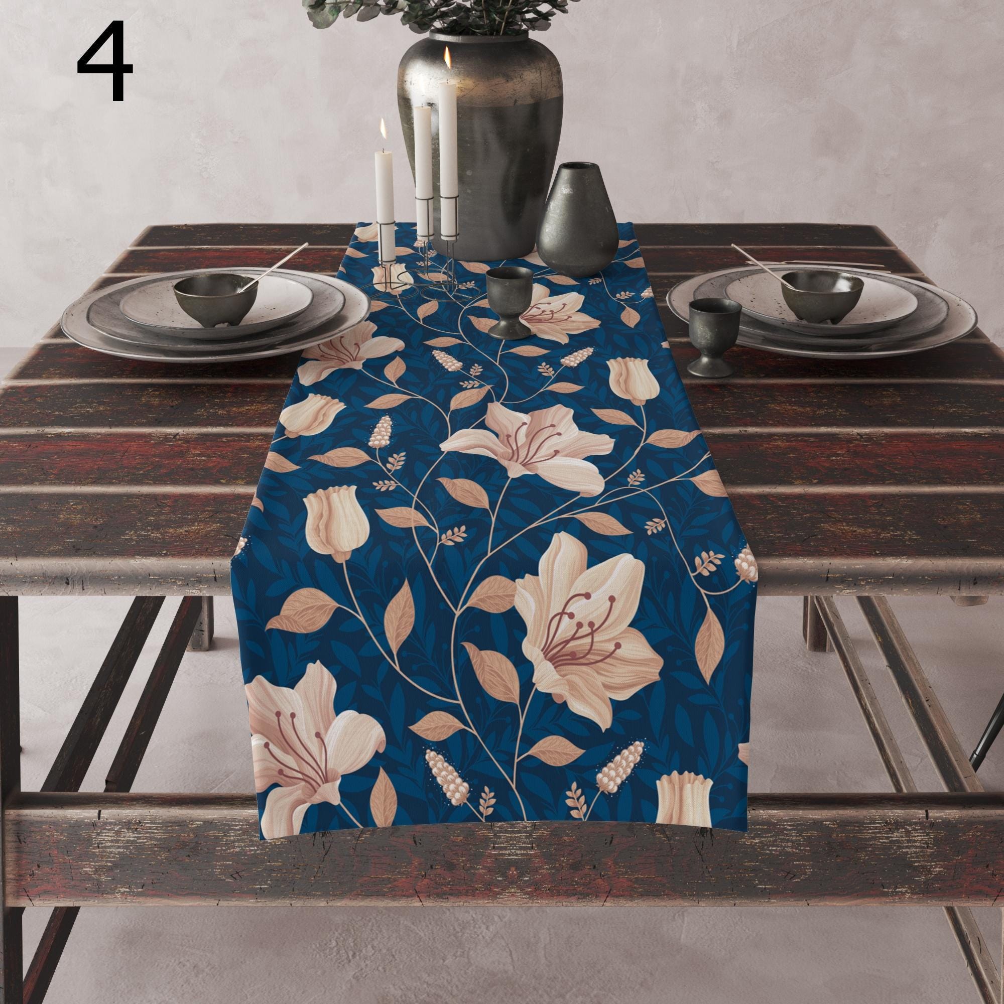Floral Print Table Runner, Soft Botanical Table Decor, Beige and Blue Table Runners, Elegant Nature-Inspired Runner, Earthy Floral Runners