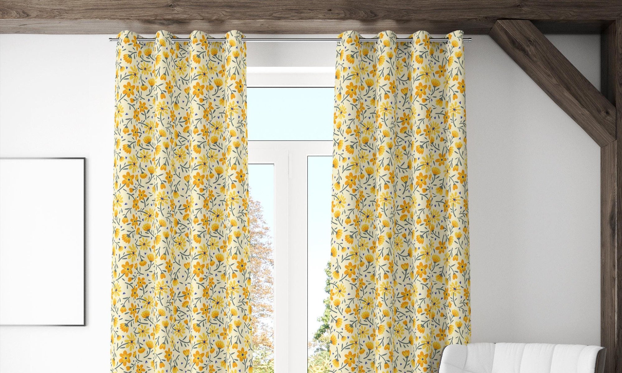 Yellow Floral Curtains, Modern Vintage Floral Curtain Panels, Retro Yellow Flowers Drapes, Floral Retro Style Living Room Curtain