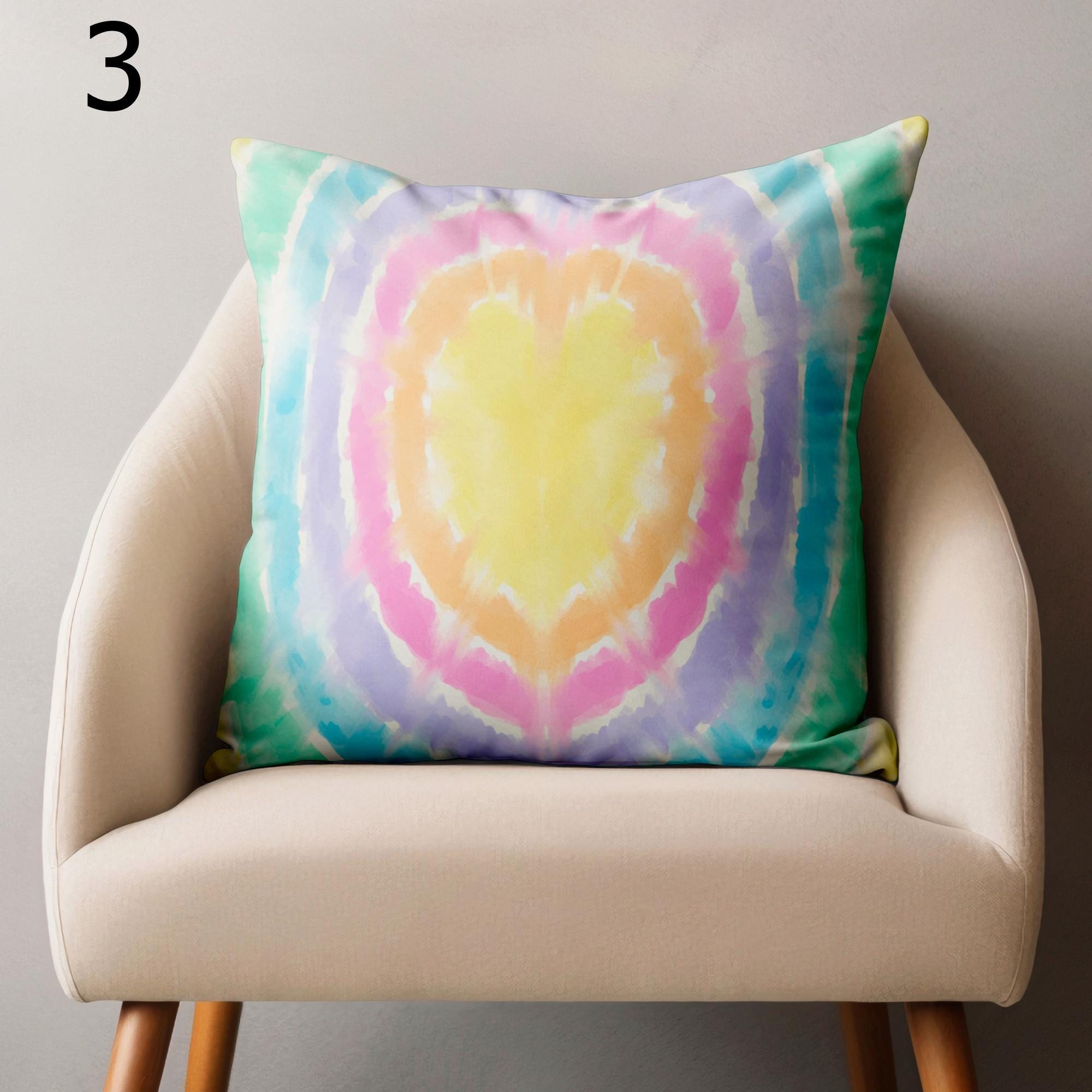 Colorful Tie Dye Throw Pillow Covers, Spiral Heart Designs Cushion Cover, Boho Rainbow Cushion Covers, Retro Hippie Room Decor Pillowcase