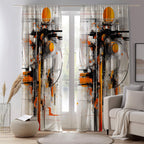 Modern Abstract Art Curtain Panel, Bold Orange Black Wall Drapes, Futuristic Tech-Inspired Window Curtain, Contemporary Art Panel Curtain