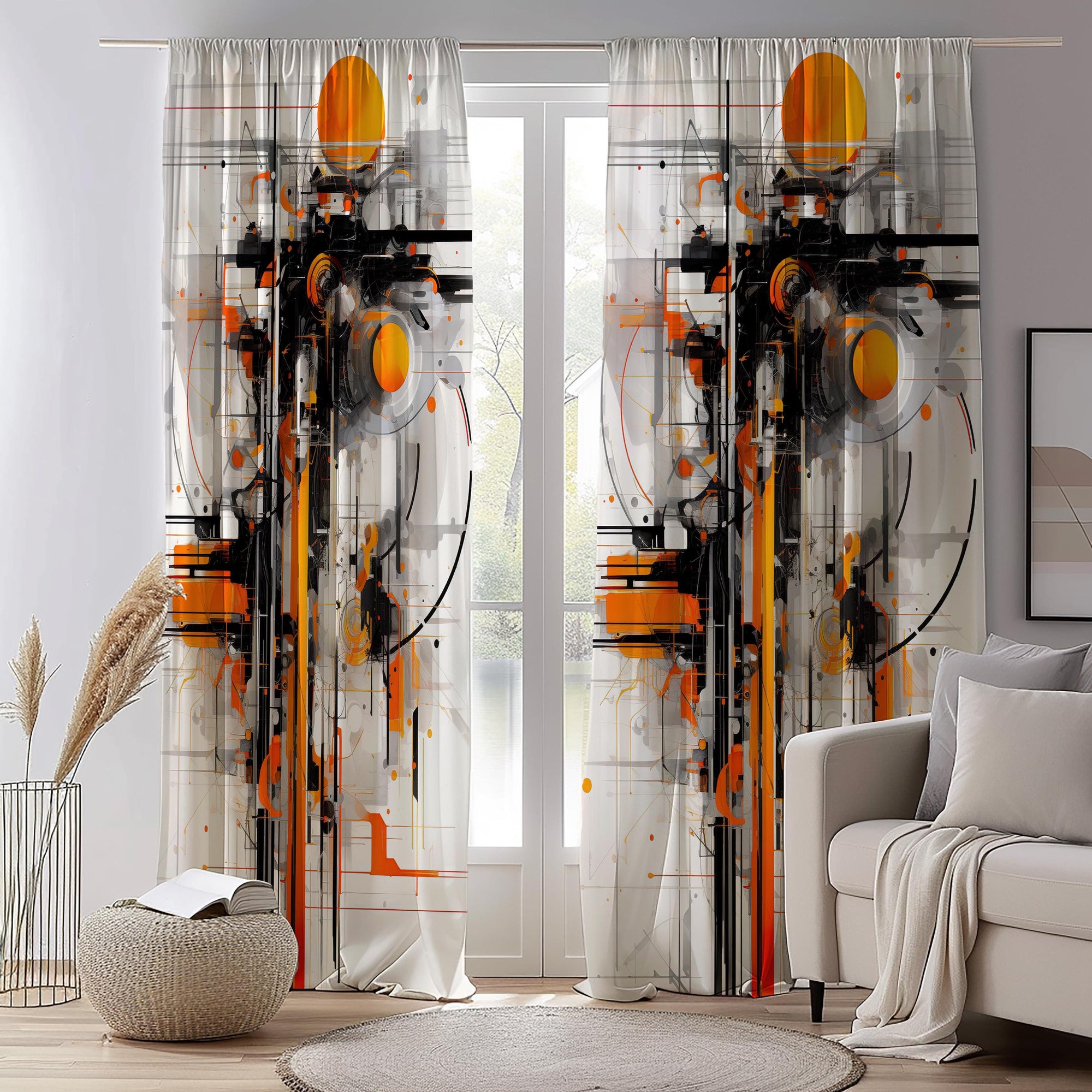 Modern Abstract Art Curtain Panel, Bold Orange Black Wall Drapes, Futuristic Tech-Inspired Window Curtain, Contemporary Art Panel Curtain