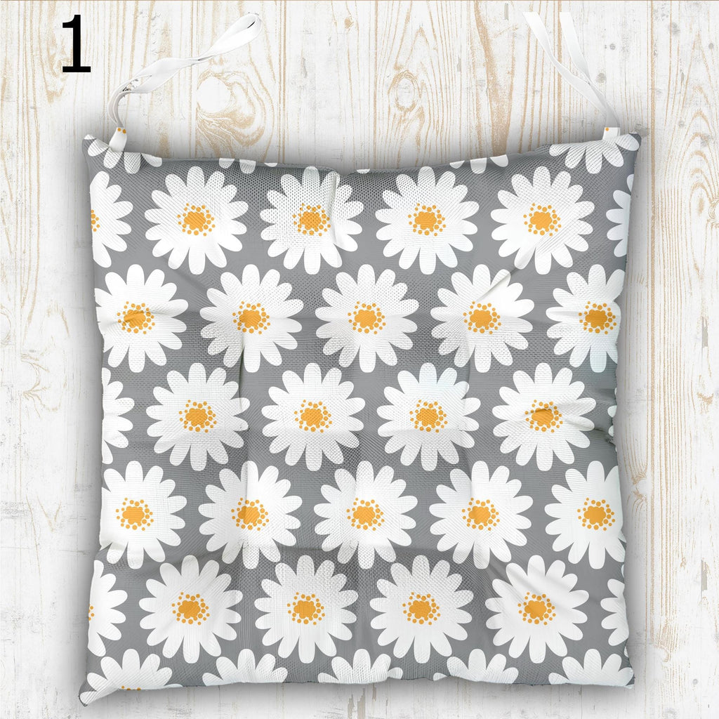 Vibrant Colors Lemon Print Chair Cushion, Lemon Chair Pads, Yellow Summer Chair Pads with Ties, Daisy Floral Patio Chair Pads