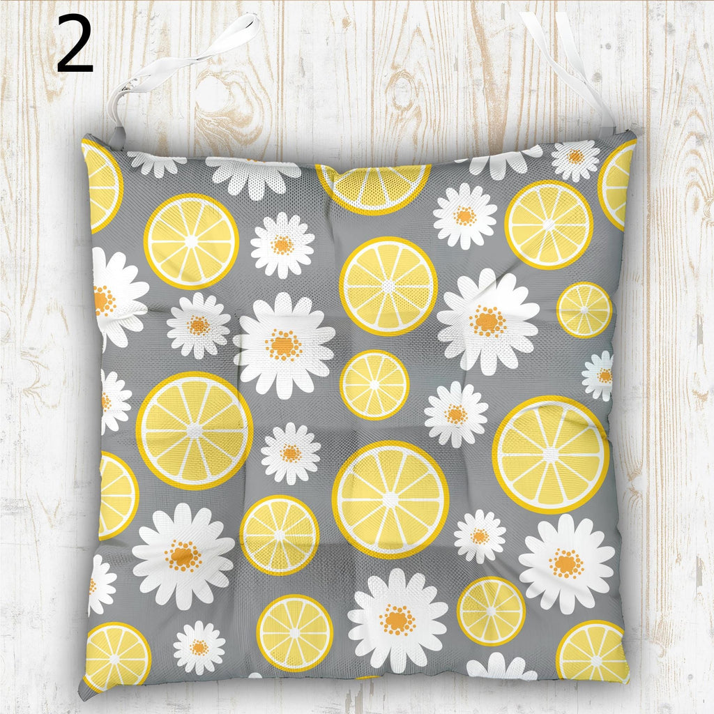 Vibrant Colors Lemon Print Chair Cushion, Lemon Chair Pads, Yellow Summer Chair Pads with Ties, Daisy Floral Patio Chair Pads