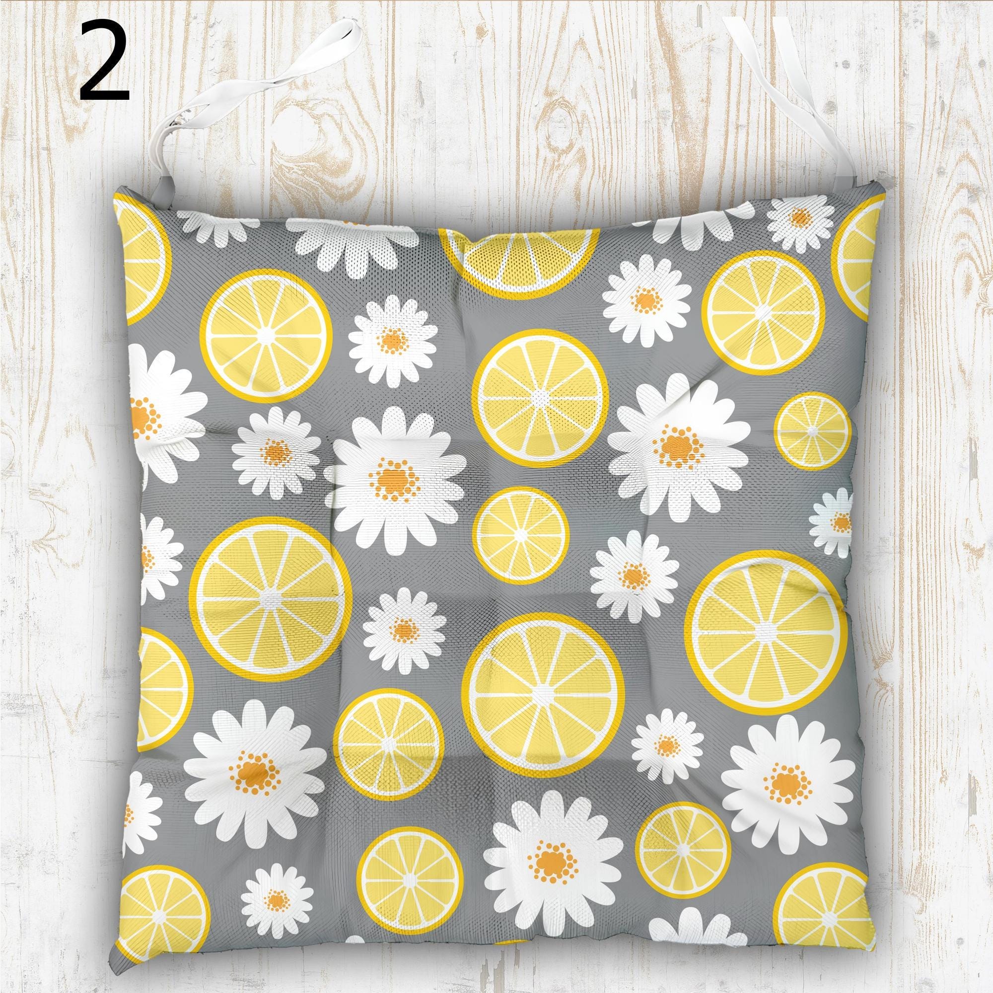 Vibrant Colors Lemon Print Chair Cushion, Lemon Chair Pads, Yellow Summer Chair Pads with Ties, Daisy Floral Patio Chair Pads
