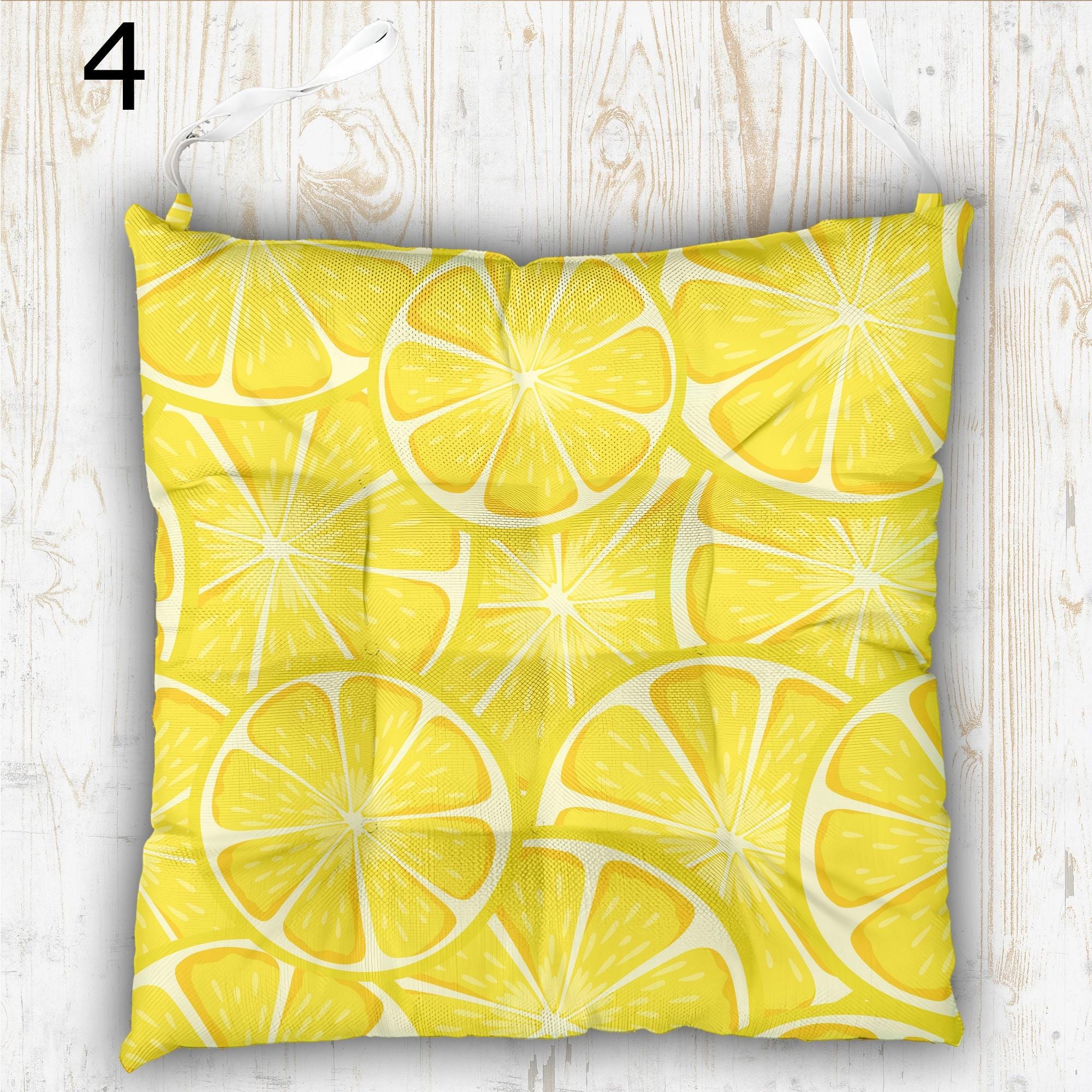 Vibrant Colors Lemon Print Chair Cushion, Lemon Chair Pads, Yellow Summer Chair Pads with Ties, Daisy Floral Patio Chair Pads