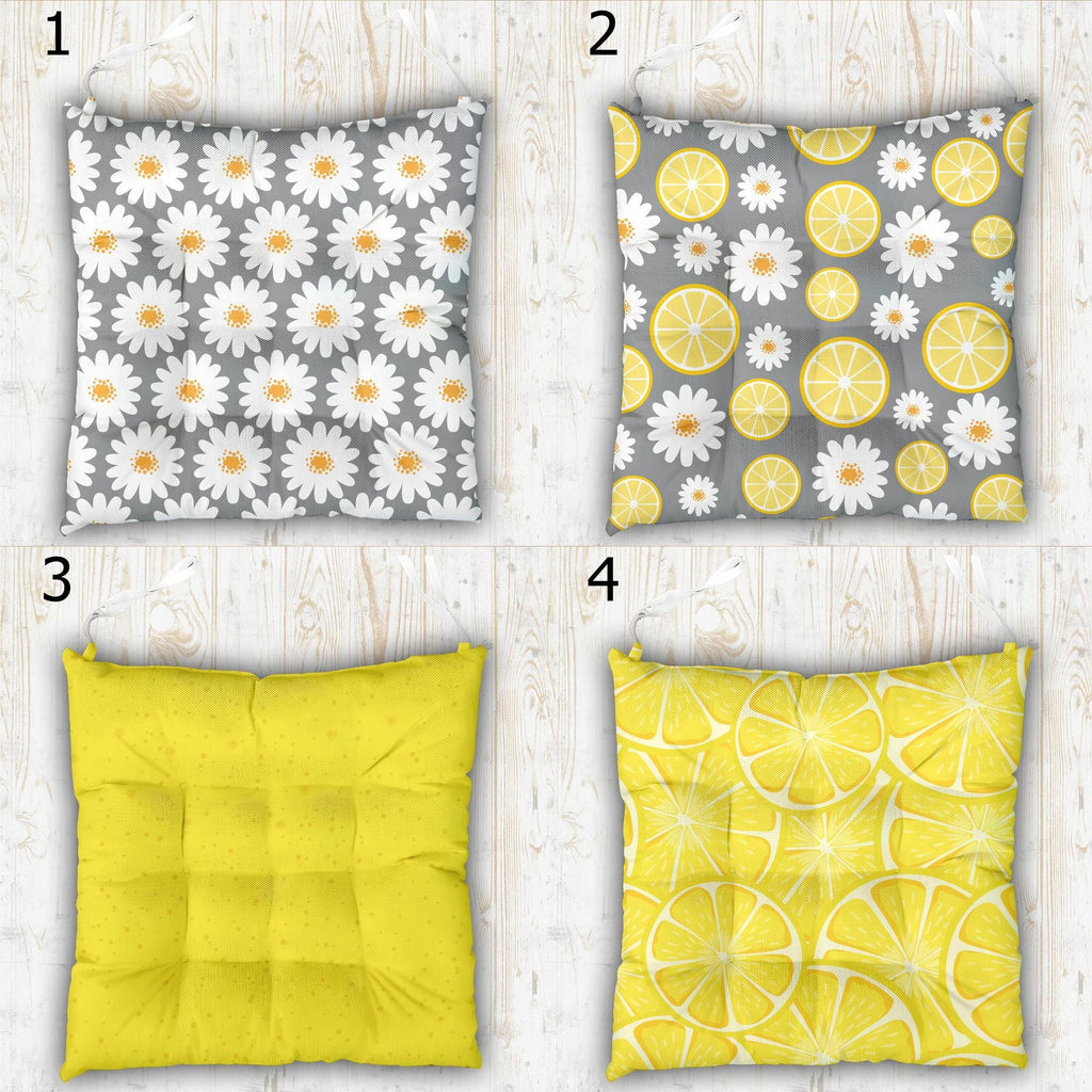 Vibrant Colors Lemon Print Chair Cushion, Lemon Chair Pads, Yellow Summer Chair Pads with Ties, Daisy Floral Patio Chair Pads