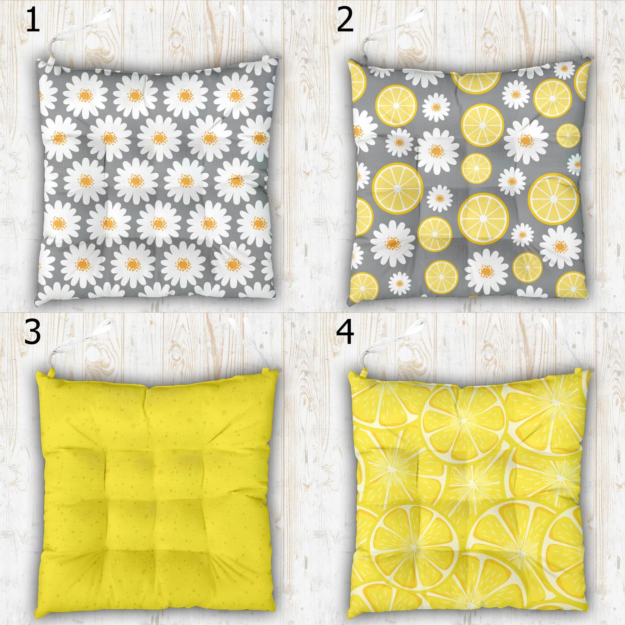 Vibrant Colors Lemon Print Chair Cushion, Lemon Chair Pads, Yellow Summer Chair Pads with Ties, Daisy Floral Patio Chair Pads