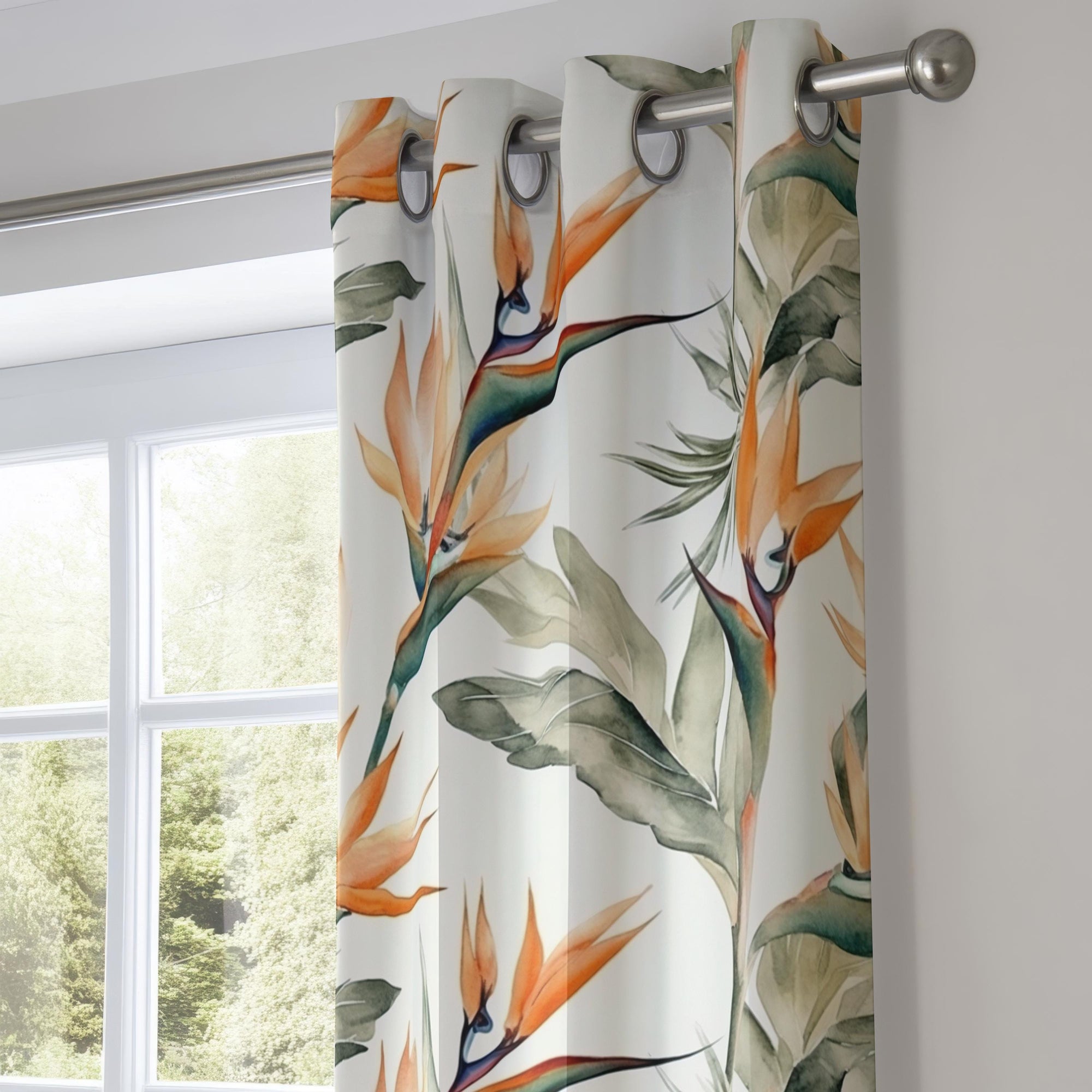 Tropic Flowers Curtains, Botanical Curtain Panels, Exotic Floral Print Curtain, Bird of Paradise Floral Window Curtains, Floral Curtains