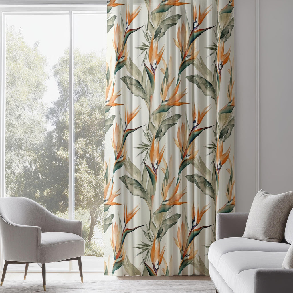 Tropic Flowers Curtains, Botanical Curtain Panels, Exotic Floral Print Curtain, Bird of Paradise Floral Window Curtains, Floral Curtains