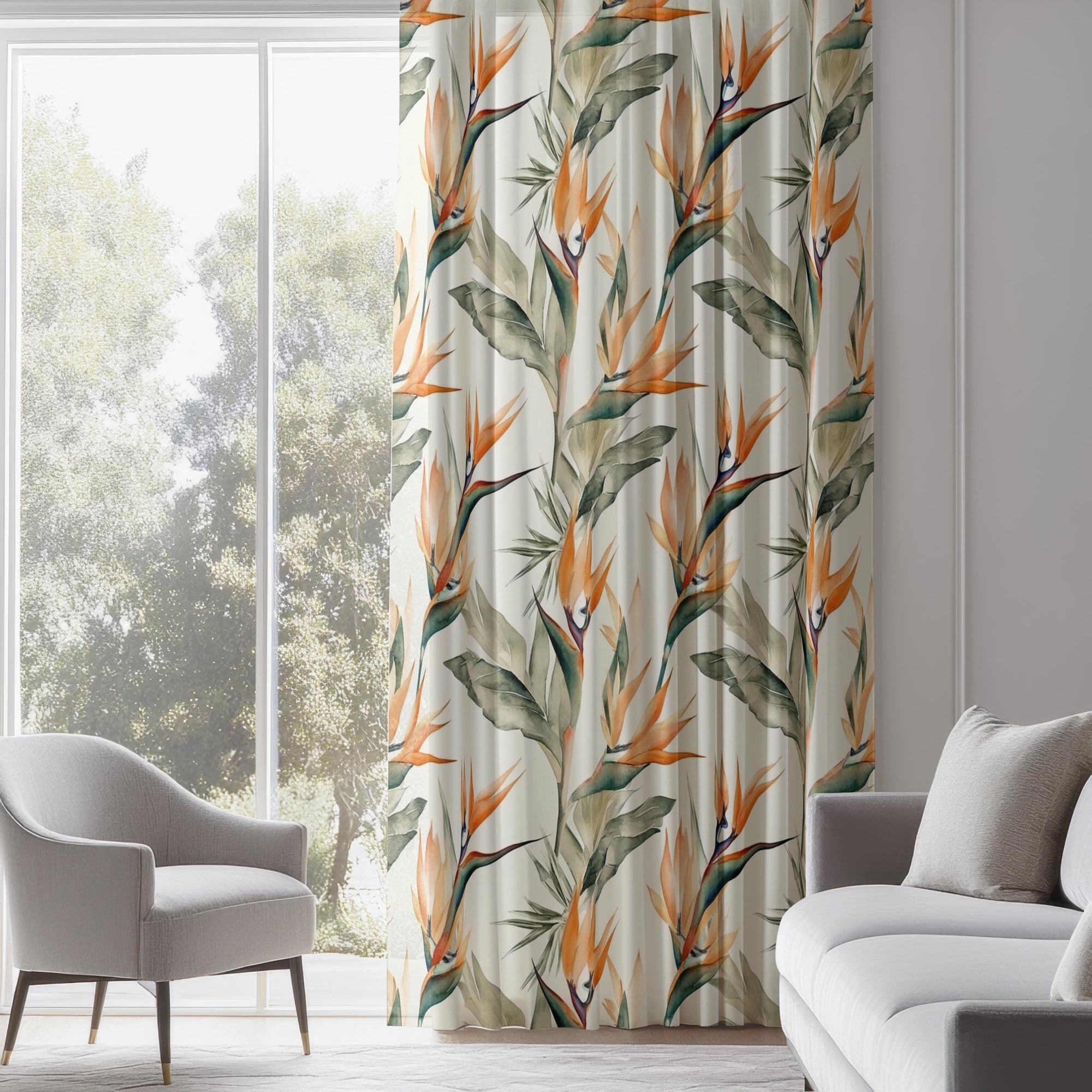 Tropic Flowers Curtains, Botanical Curtain Panels, Exotic Floral Print Curtain, Bird of Paradise Floral Window Curtains, Floral Curtains