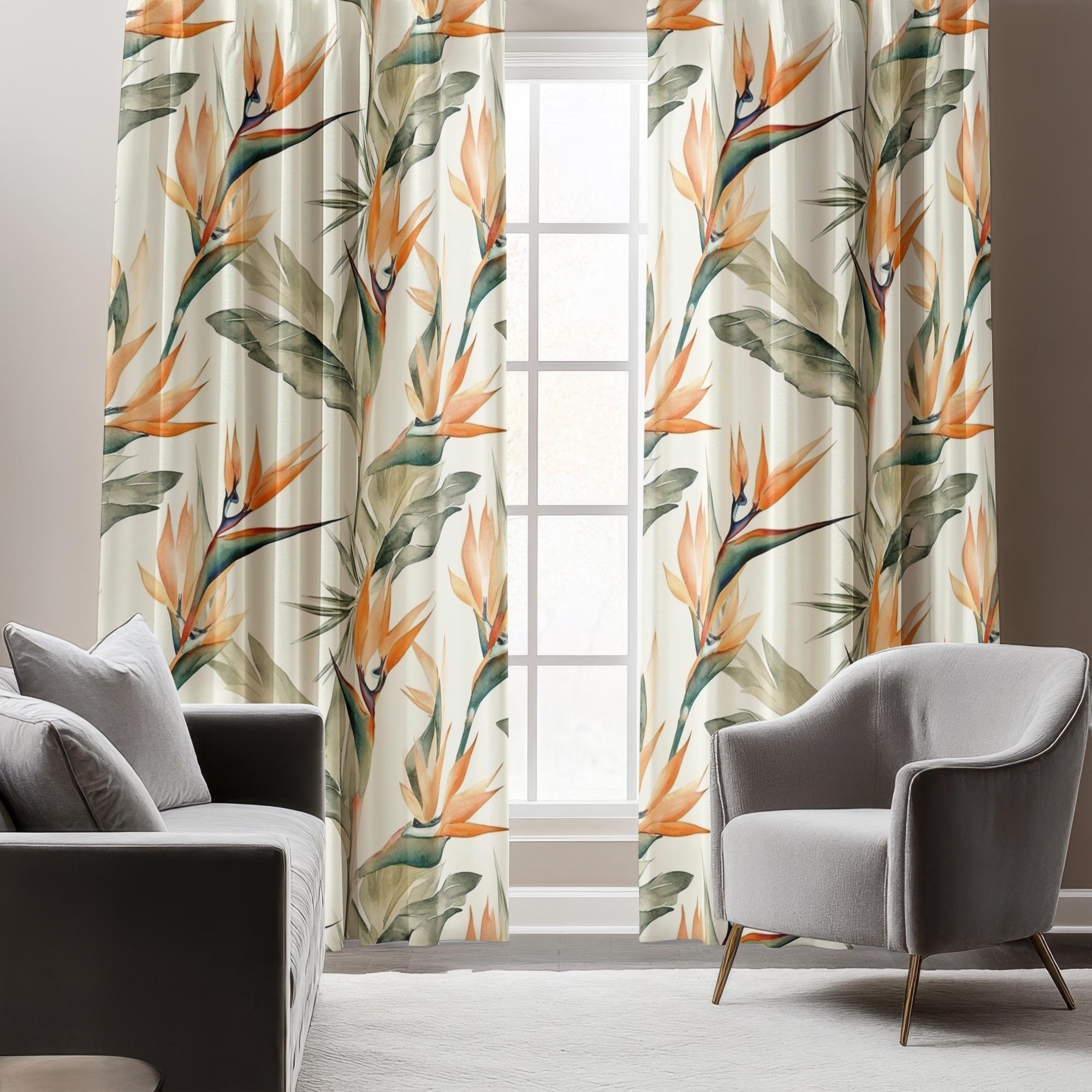 Tropic Flowers Curtains, Botanical Curtain Panels, Exotic Floral Print Curtain, Bird of Paradise Floral Window Curtains, Floral Curtains