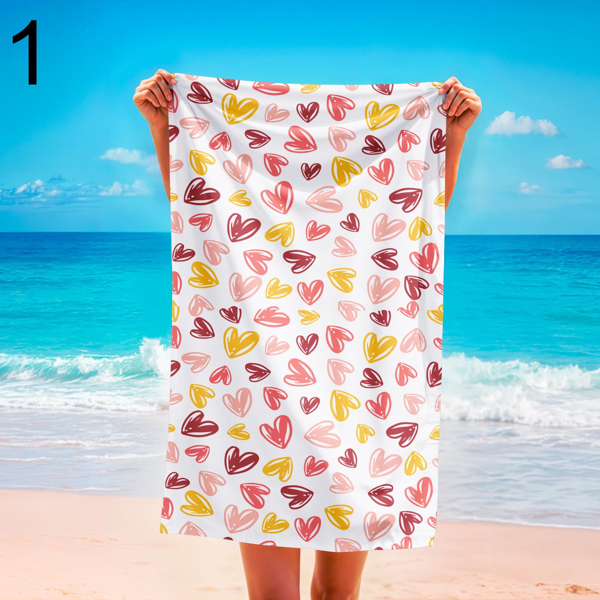 Colorful Heart Beach Towels, Romantic Summer Style Pool Towel, Soft & Lightweight Sand-Free Towel, Heart Print Towel, Romantic Beach Gift
