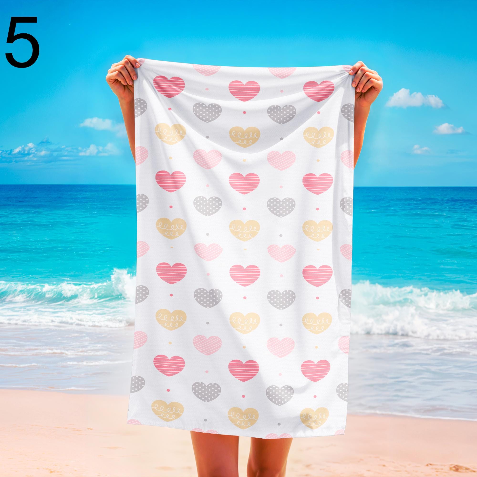 Colorful Heart Beach Towels, Romantic Summer Style Pool Towel, Soft & Lightweight Sand-Free Towel, Heart Print Towel, Romantic Beach Gift
