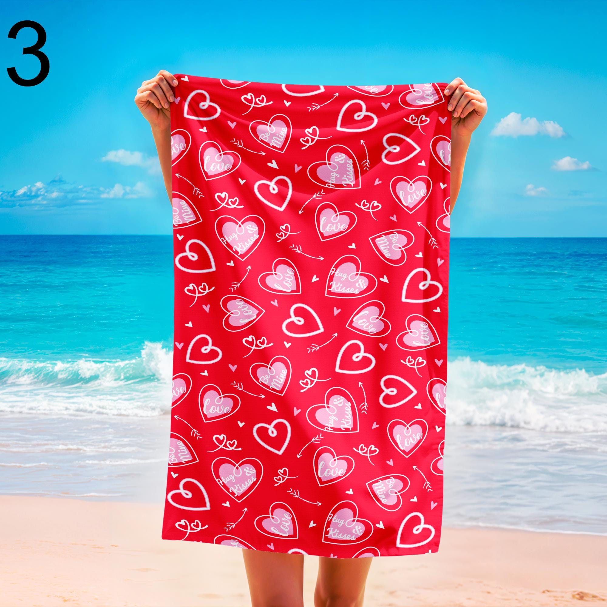 Colorful Heart Beach Towels, Romantic Summer Style Pool Towel, Soft & Lightweight Sand-Free Towel, Heart Print Towel, Romantic Beach Gift
