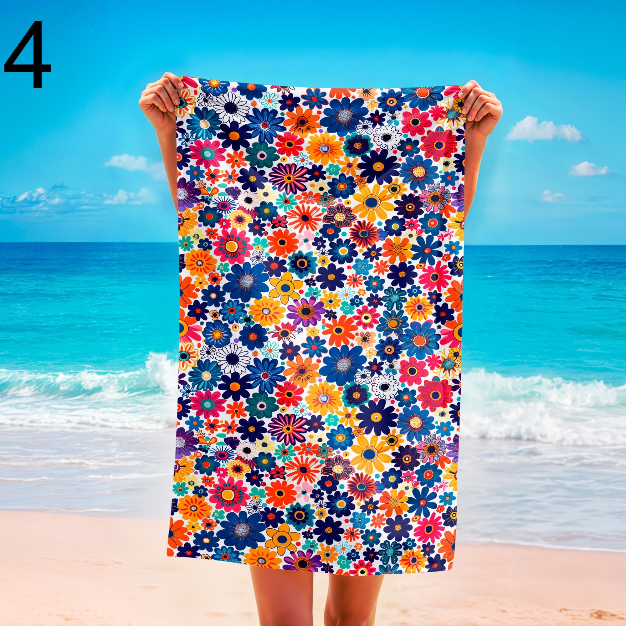 Retro Tropical Bloom Designs Beach Towel, Floral Botanical Beach Towels, Boho Floral Bathroom Towels, Colorful Flowers Pool Towels