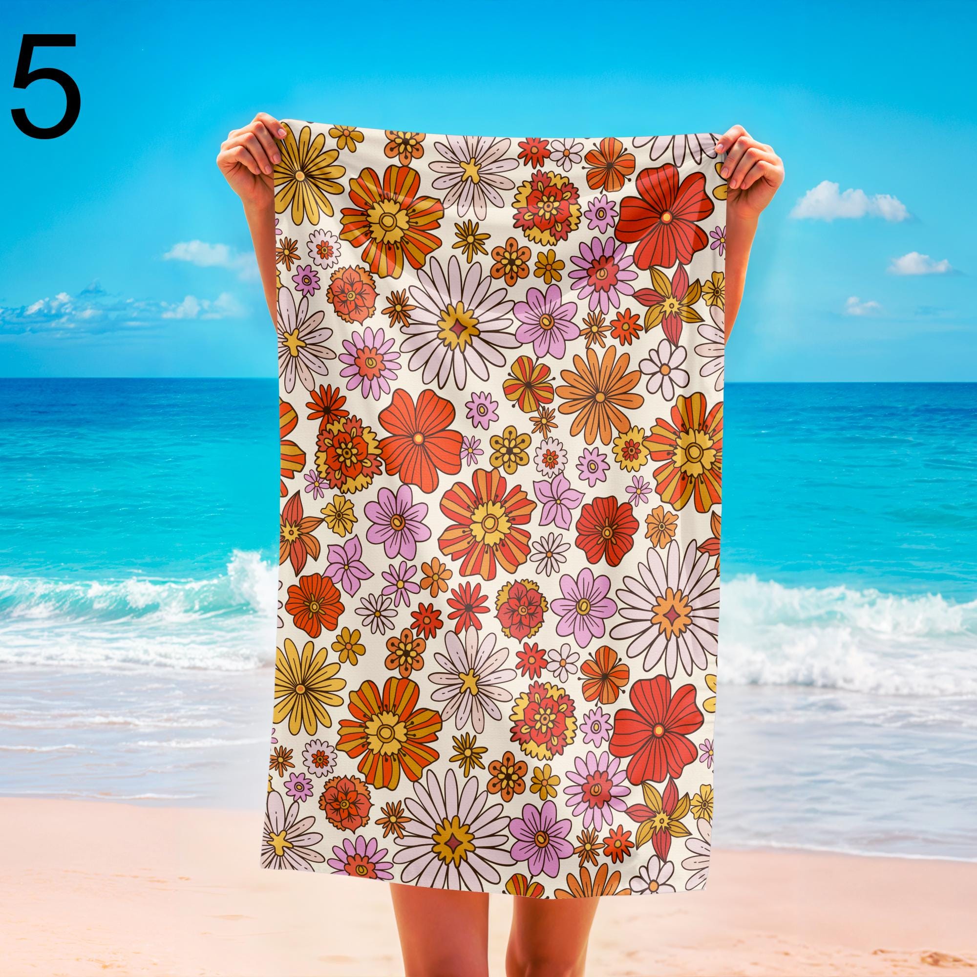 Retro Tropical Bloom Designs Beach Towel, Floral Botanical Beach Towels, Boho Floral Bathroom Towels, Colorful Flowers Pool Towels
