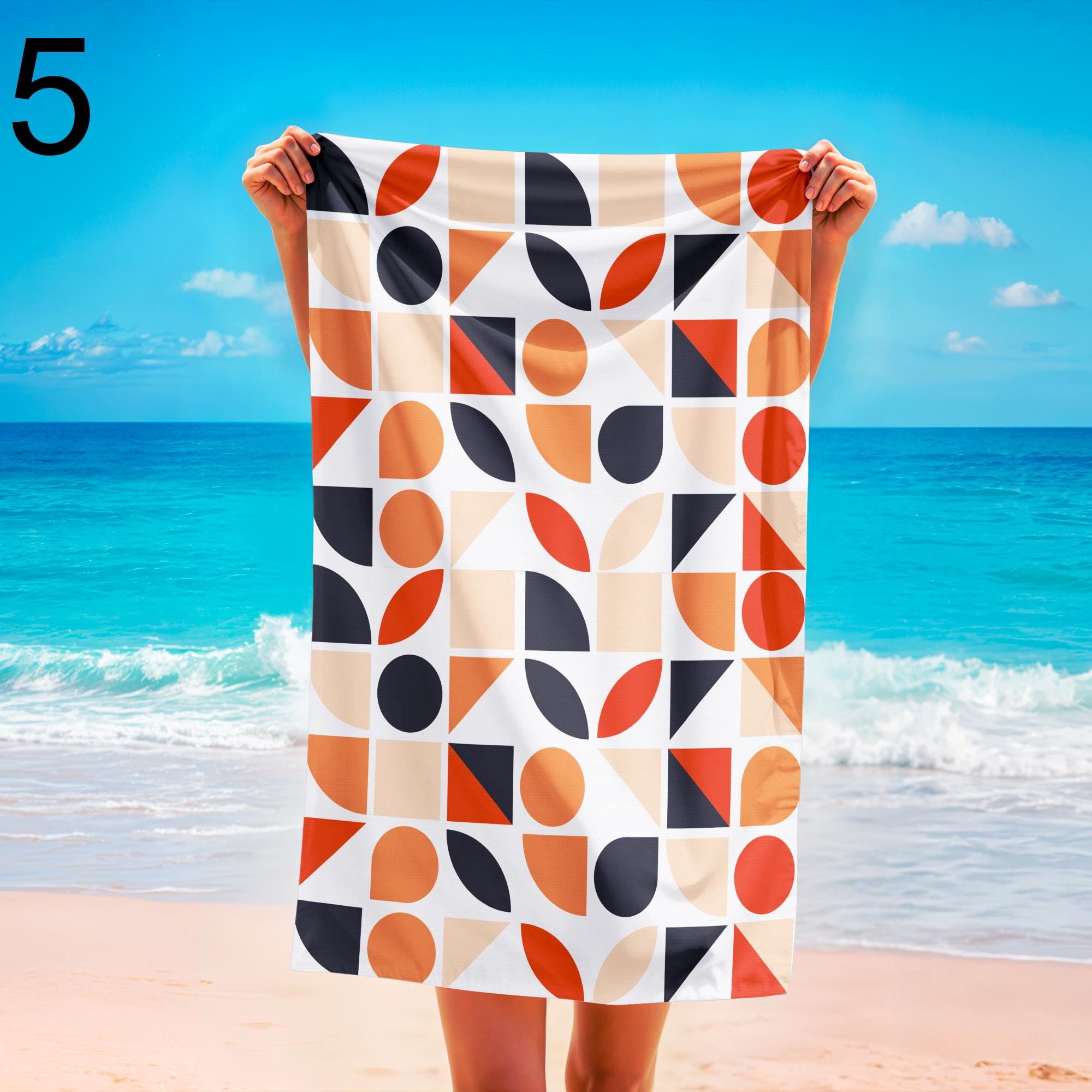 Mid-Century Modern Patterned Summer Towels for Pool, Retro Geometric Beach Towels, Beach & Travel Towels, Retro Bathroom Towel