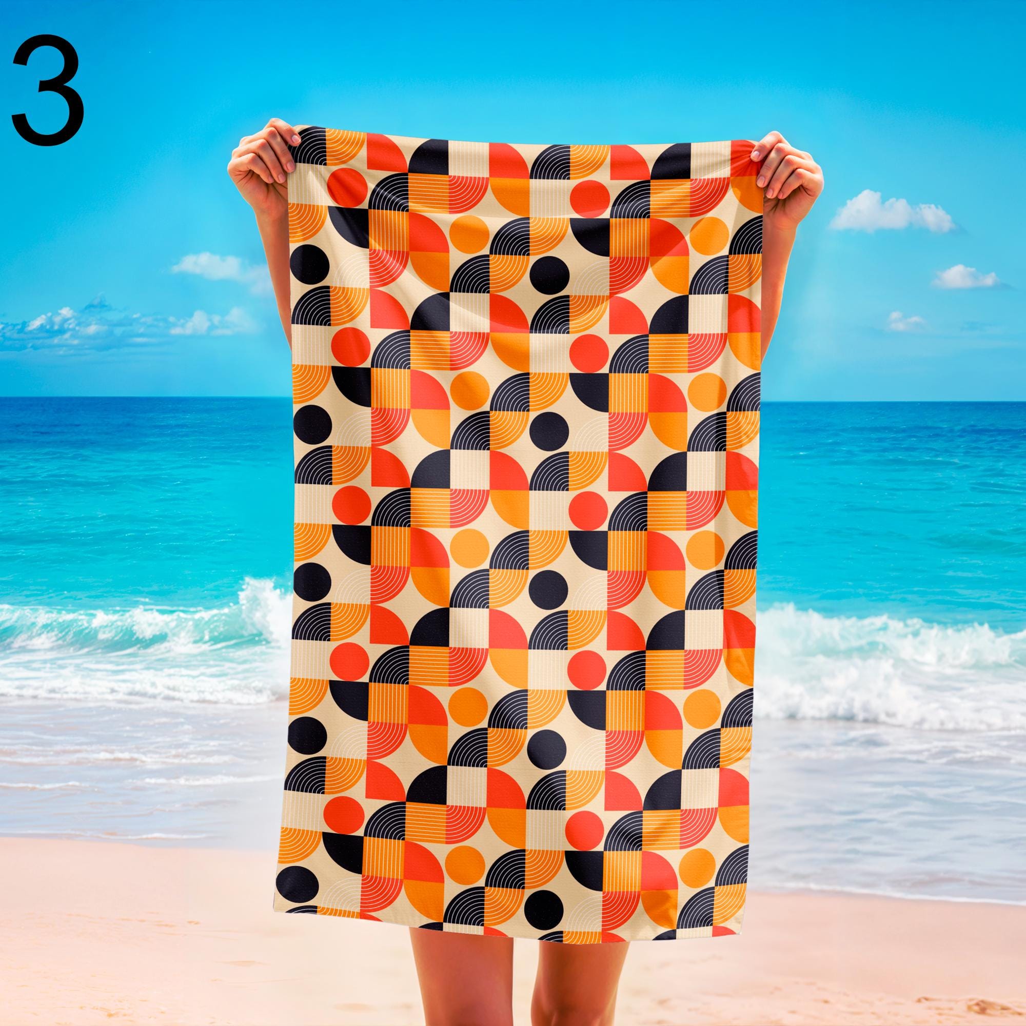 Mid-Century Modern Patterned Summer Towels for Pool, Retro Geometric Beach Towels, Beach & Travel Towels, Retro Bathroom Towel