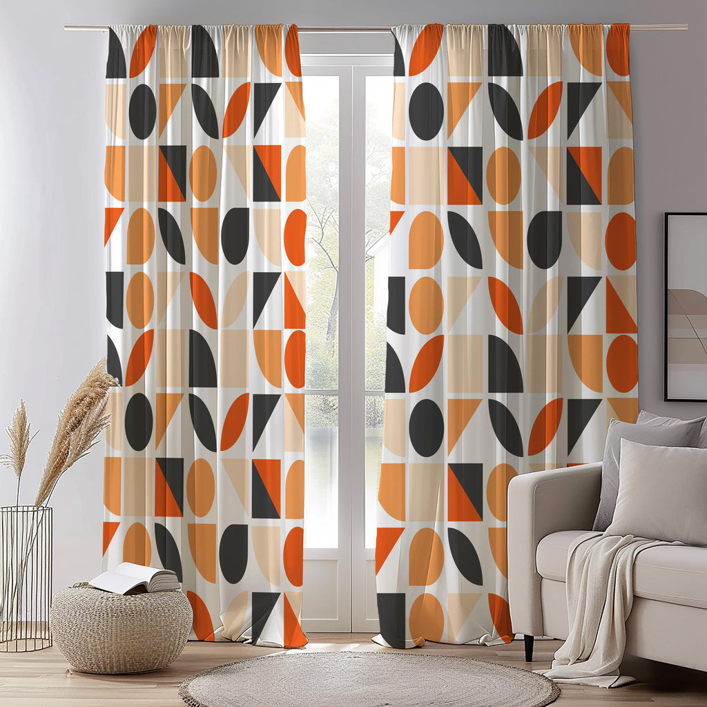 Retro Geometric Curtain Panel, Mid Century Modern Abstract Drapes, Orange Black Beige Wall Decor Curtain, Retro Panel Curtains