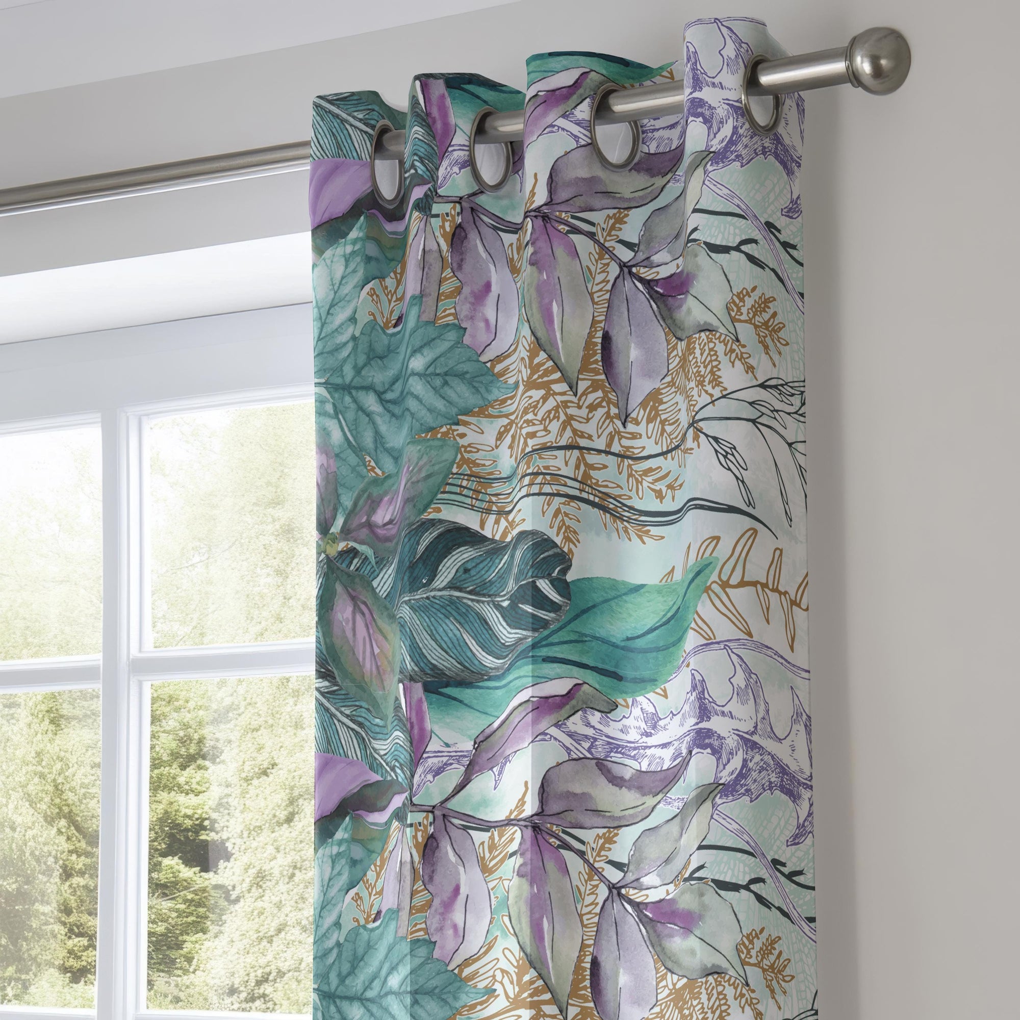 Tropical Abstract Curtains, Green Purple Leaves Curtain Panels, Tropic Leaves Curtains, Botanical Window Curtain, Exotic Leaf Print Curtains