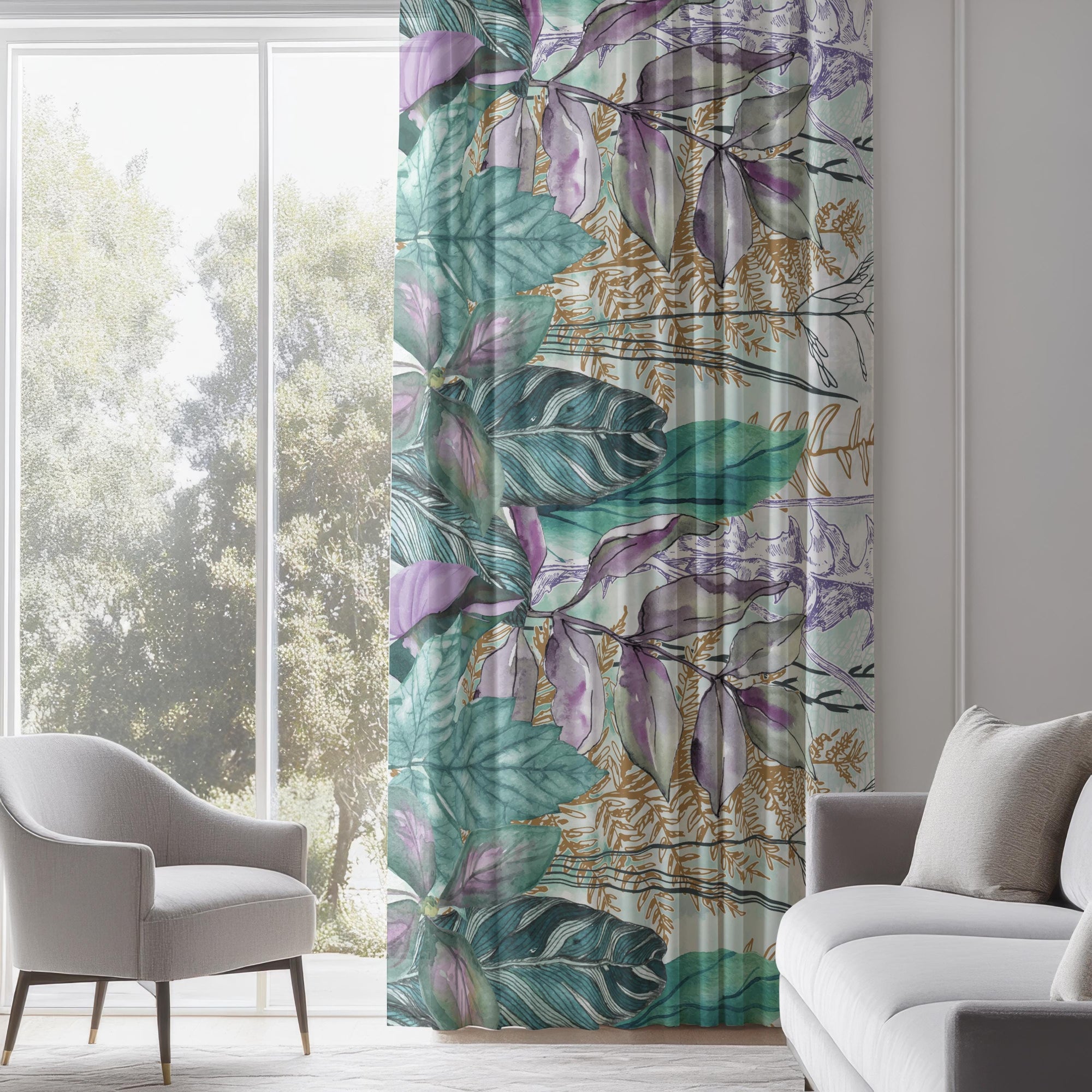 Tropical Abstract Curtains, Green Purple Leaves Curtain Panels, Tropic Leaves Curtains, Botanical Window Curtain, Exotic Leaf Print Curtains