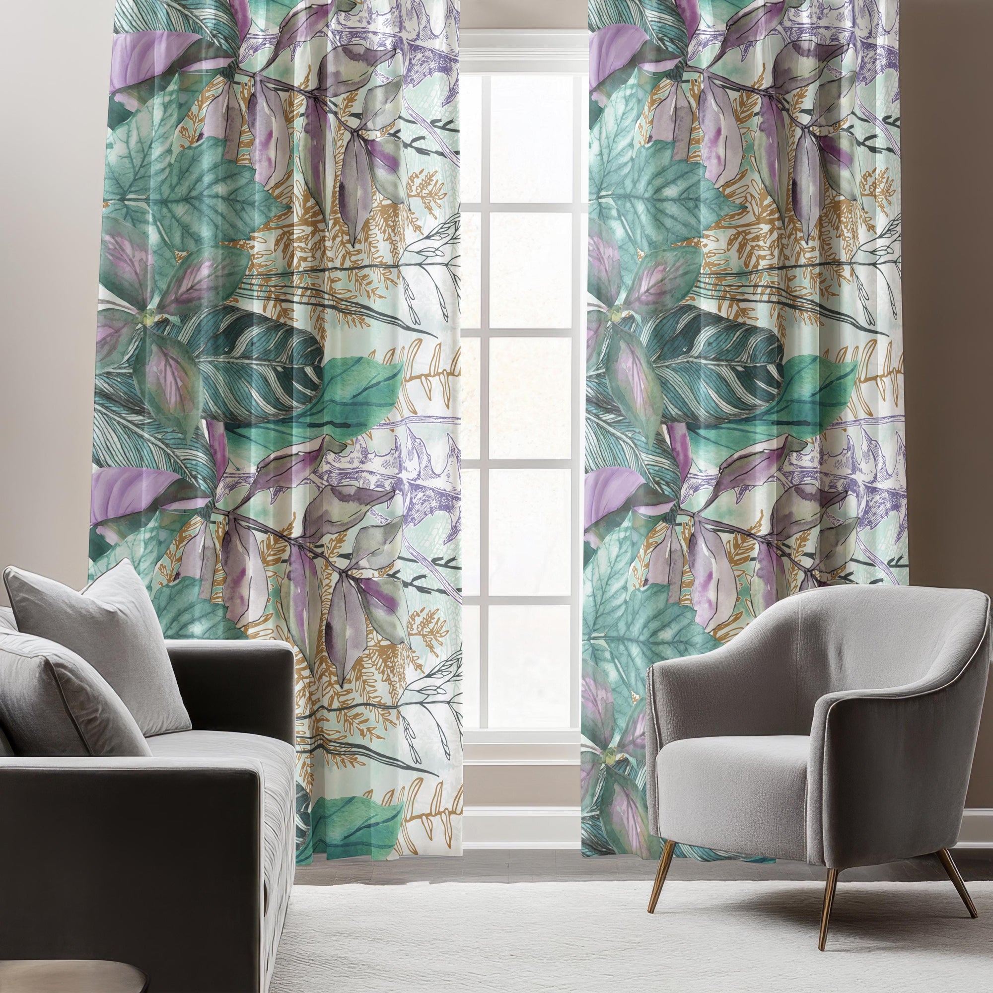 Tropical Abstract Curtains, Green Purple Leaves Curtain Panels, Tropic Leaves Curtains, Botanical Window Curtain, Exotic Leaf Print Curtains