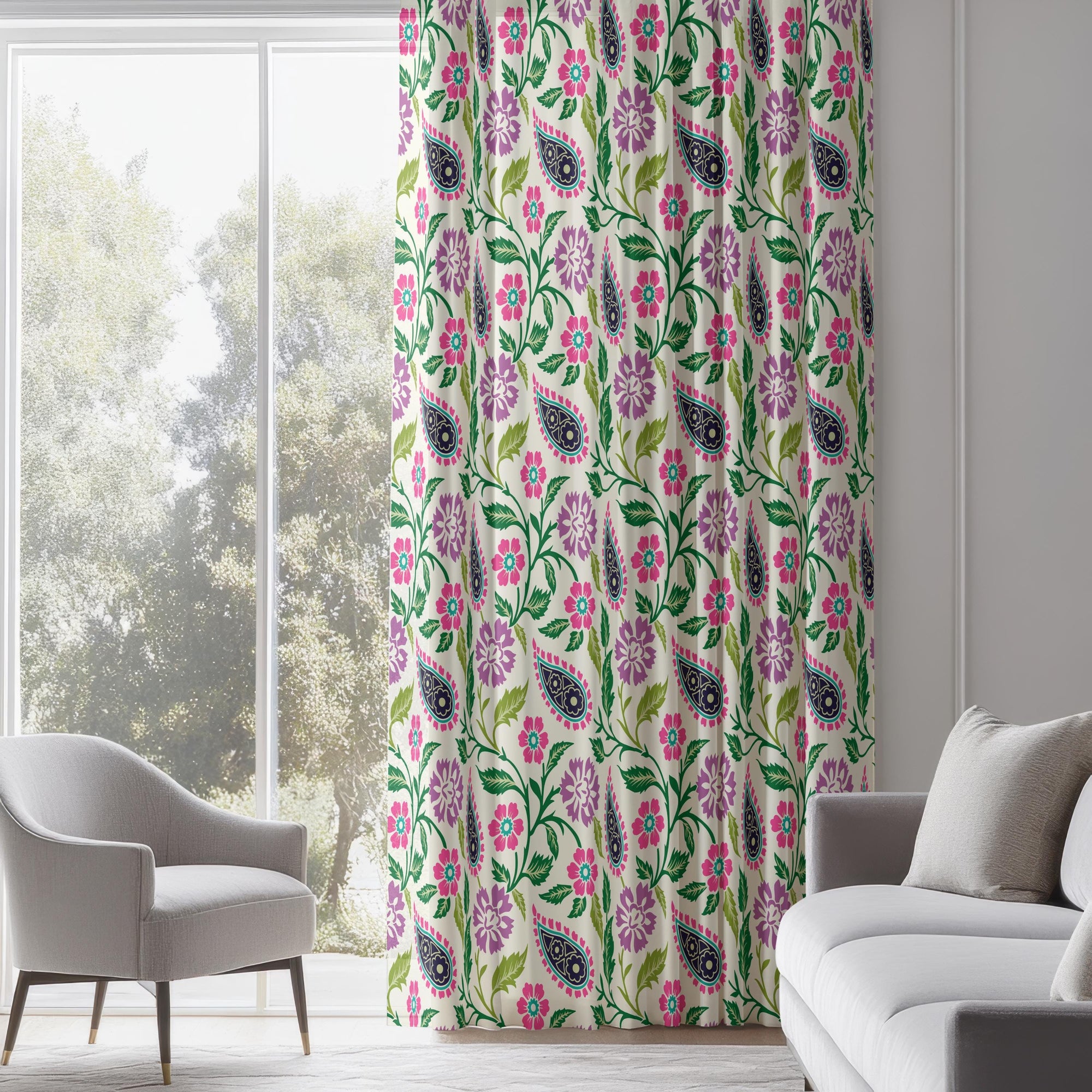 Floral Paisley Print Curtains, Boho Flowers Curtain Panel, Paisley Botanical Drapes, Pink Green Purple Paisley Floral Window Panel