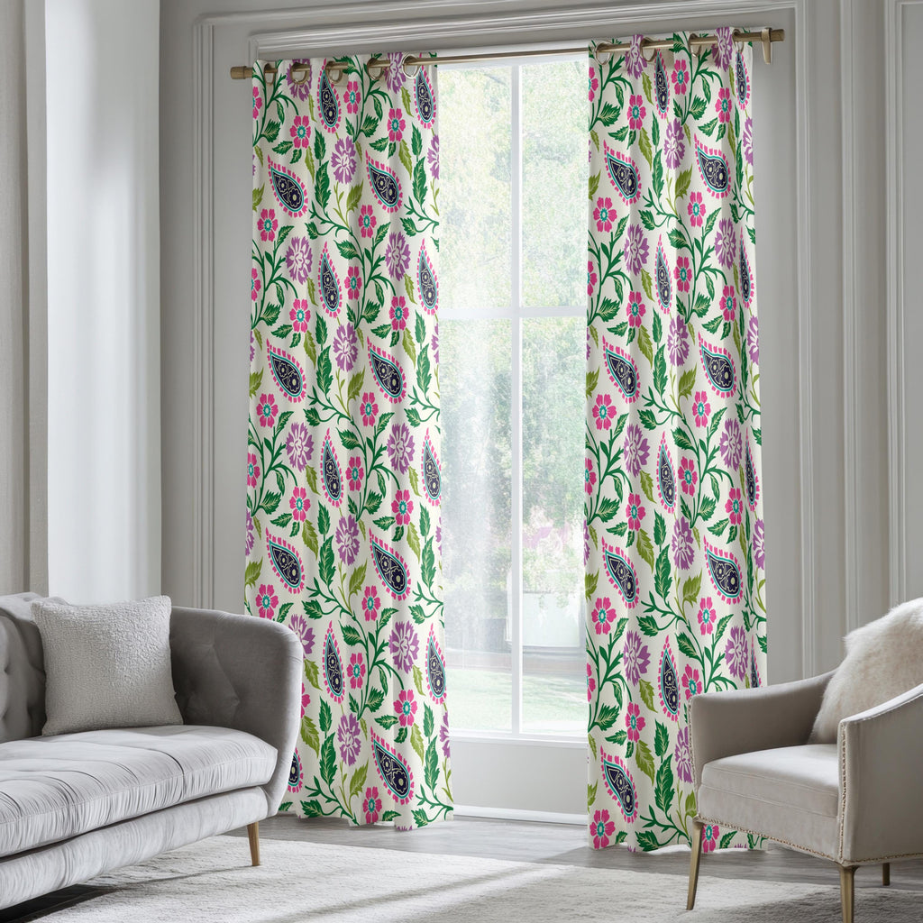Floral Paisley Print Curtains, Boho Flowers Curtain Panel, Paisley Botanical Drapes, Pink Green Purple Paisley Floral Window Panel