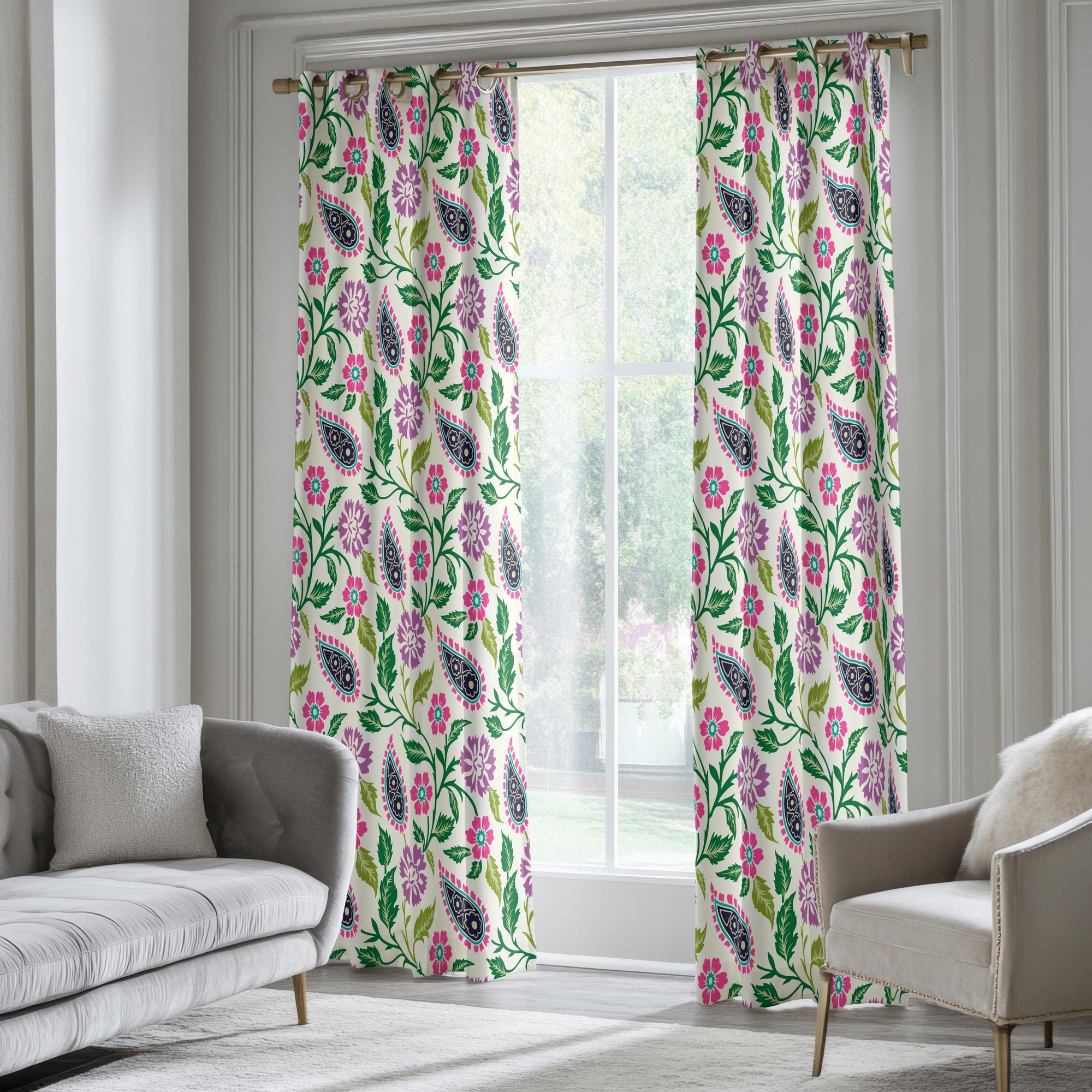 Floral Paisley Print Curtains, Boho Flowers Curtain Panel, Paisley Botanical Drapes, Pink Green Purple Paisley Floral Window Panel