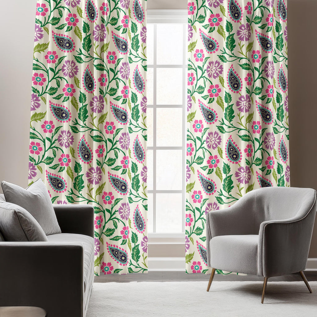 Floral Paisley Print Curtains, Boho Flowers Curtain Panel, Paisley Botanical Drapes, Pink Green Purple Paisley Floral Window Panel