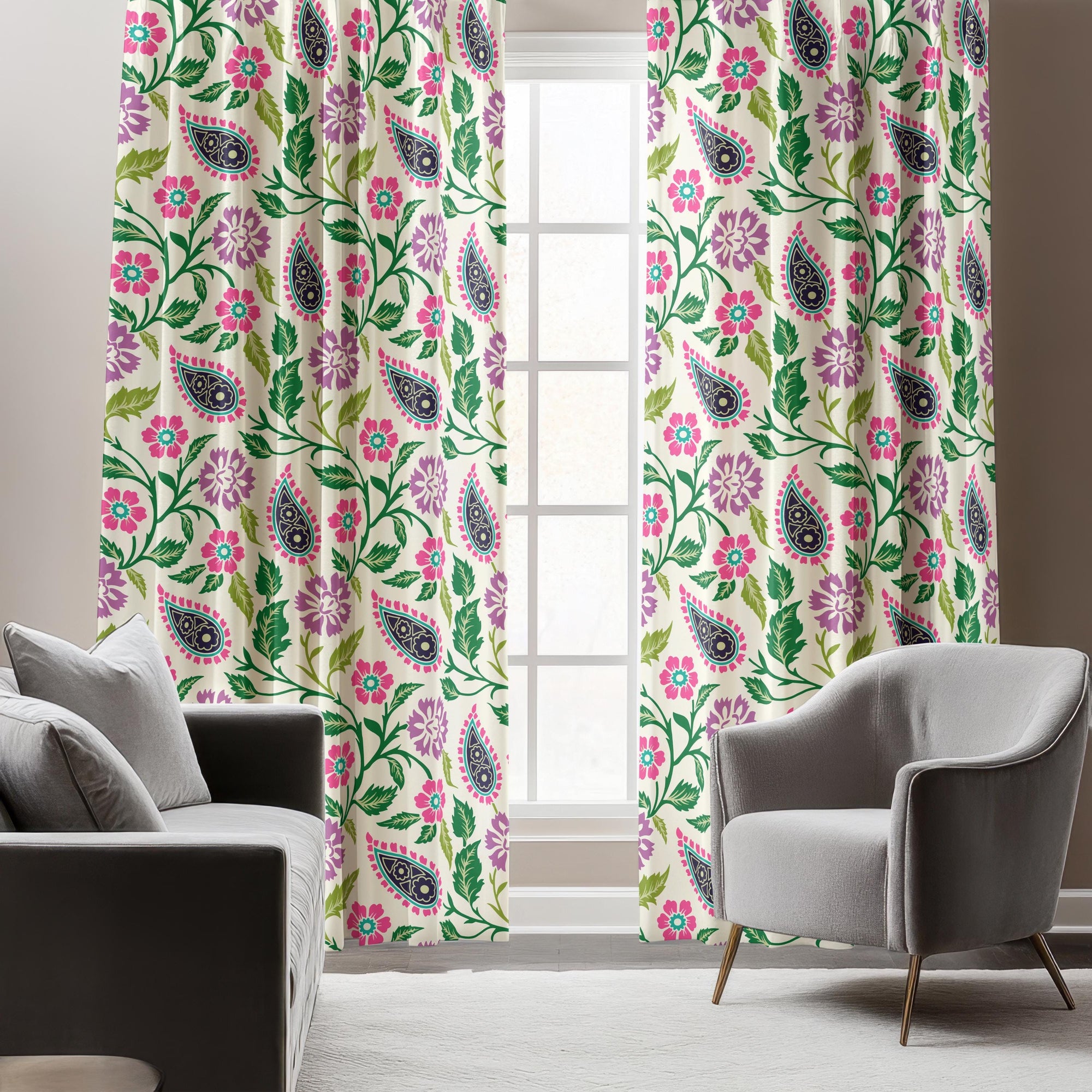 Floral Paisley Print Curtains, Boho Flowers Curtain Panel, Paisley Botanical Drapes, Pink Green Purple Paisley Floral Window Panel