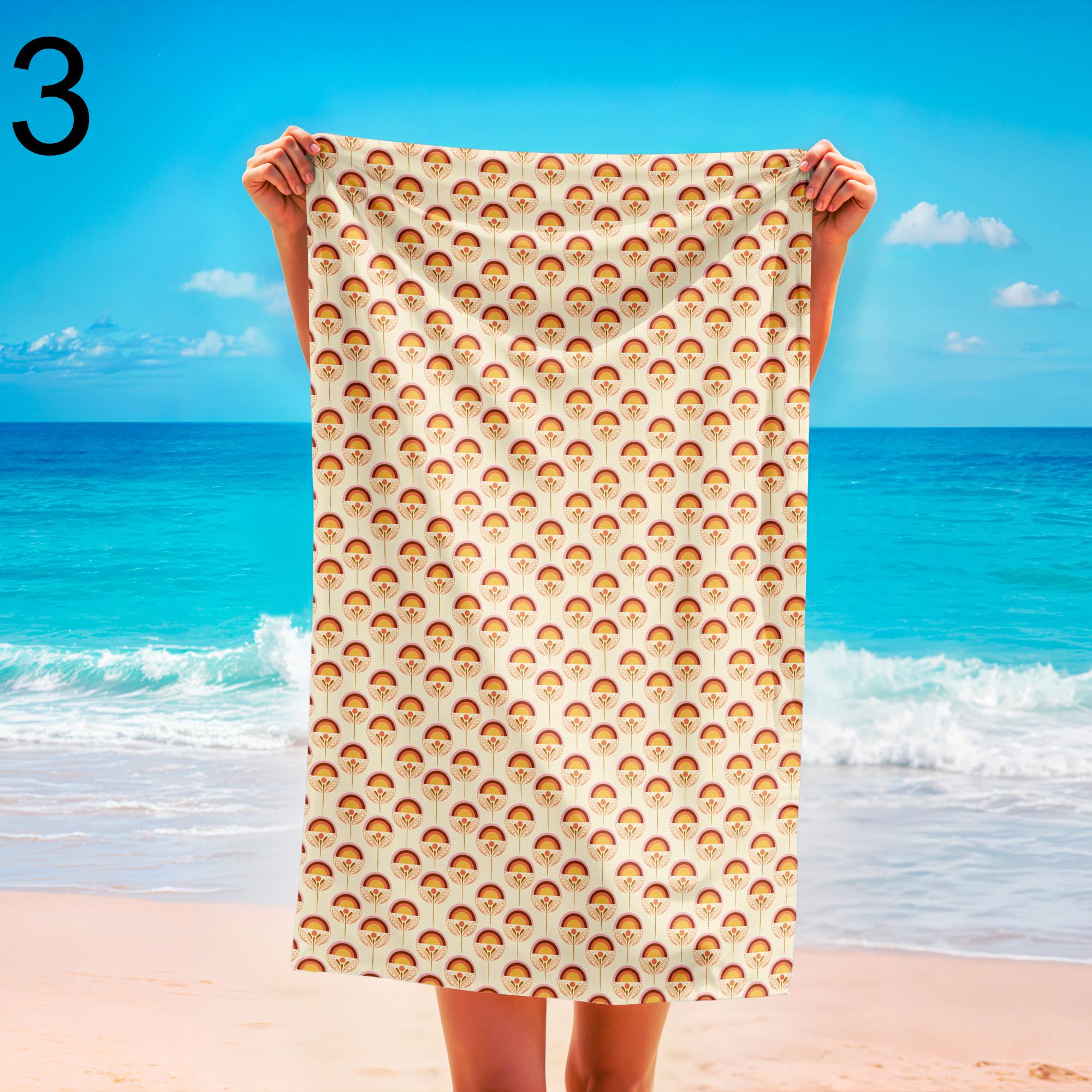 Retro Floral Sun Beach Towel, Colorful Sunburst Floral Pool Towel, Mid-Century Tropical Beach Towel, Boho Summer Tropical Print Beach Towel