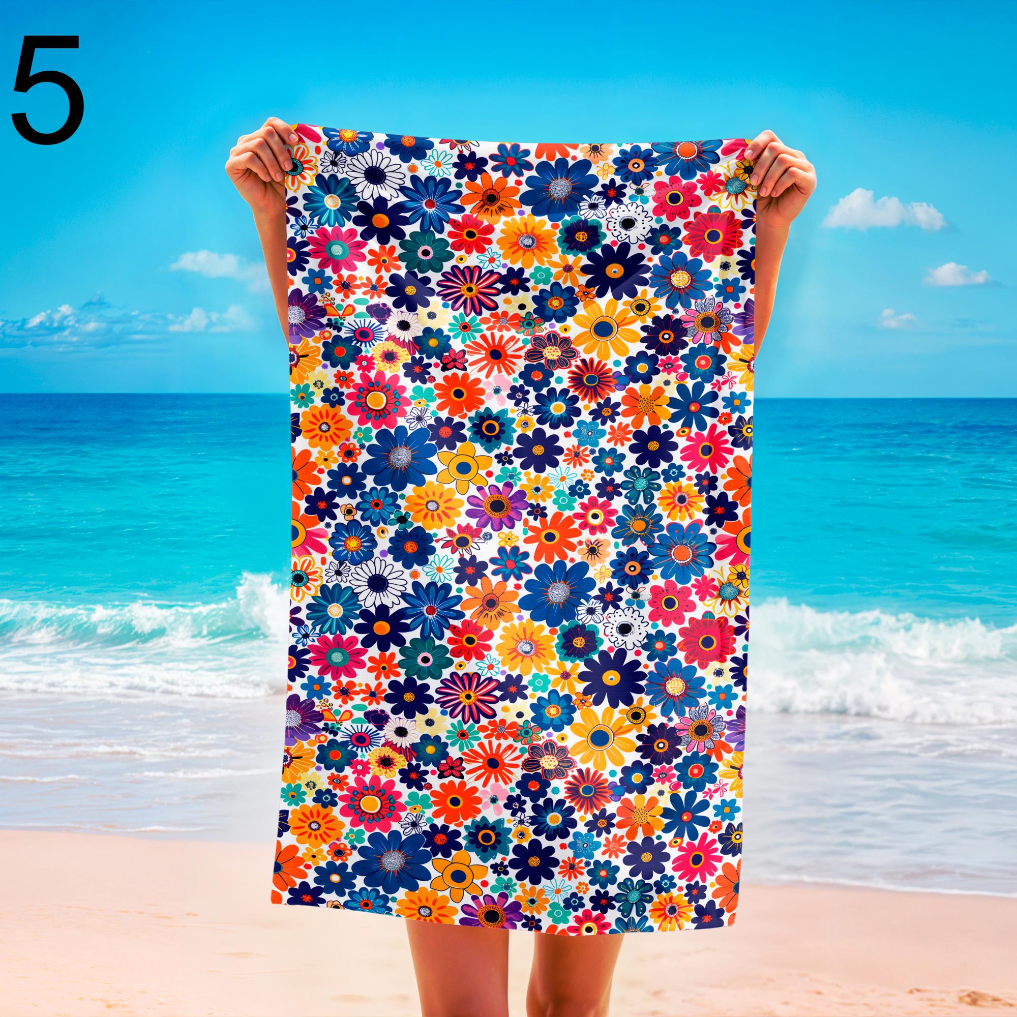 Retro Floral Sun Beach Towel, Colorful Sunburst Floral Pool Towel, Mid-Century Tropical Beach Towel, Boho Summer Tropical Print Beach Towel