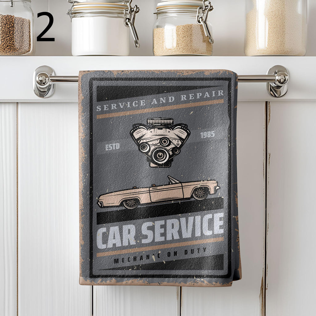 Vintage Car Service Tea Towels, Garage Mechanic Kitchen Towels, Classic Auto Repair Gift Towel, Industrial Retro Hand Towels