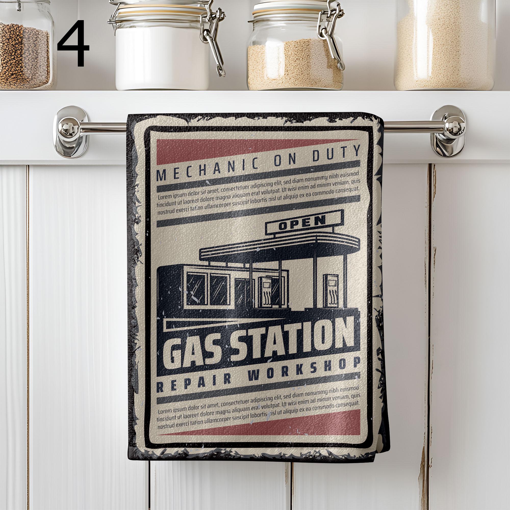 Vintage Car Service Tea Towels, Garage Mechanic Kitchen Towels, Classic Auto Repair Gift Towel, Industrial Retro Hand Towels