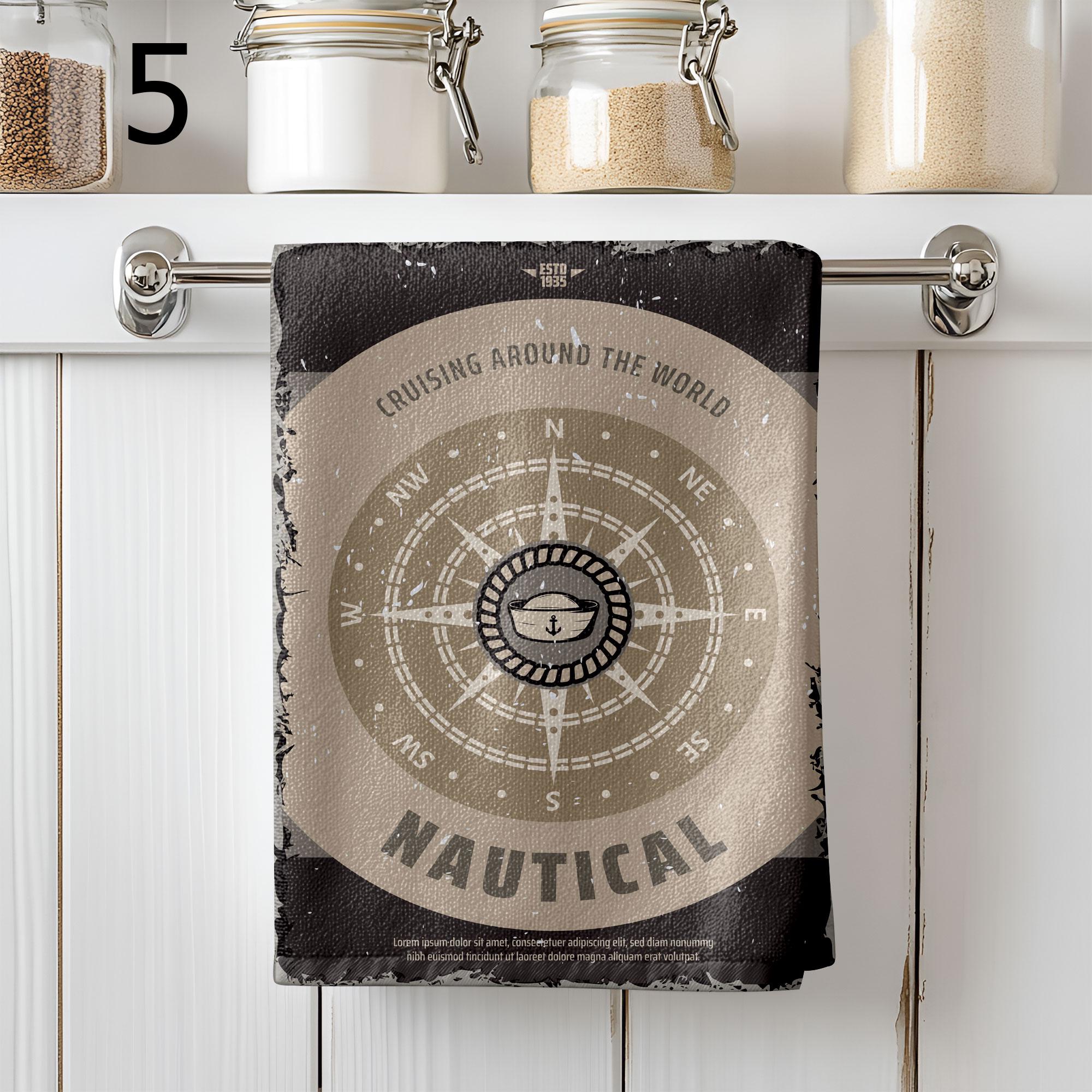 Nautical Tea Towels, Vintage Compass Kitchen Towels, Sailing Ship Retro Dish Towels, Maritime Adventure Gift for Him