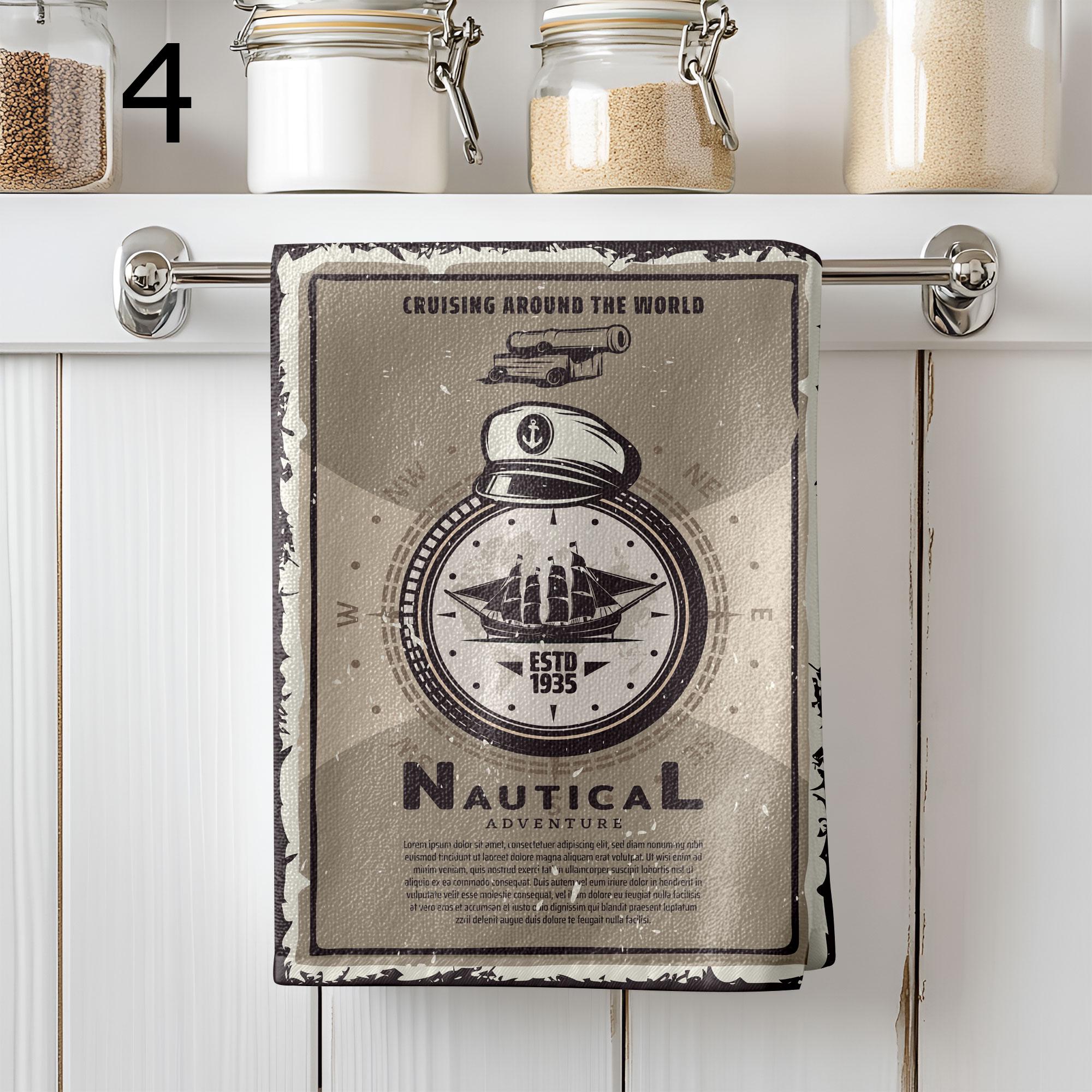 Nautical Tea Towels, Vintage Compass Kitchen Towels, Sailing Ship Retro Dish Towels, Maritime Adventure Gift for Him