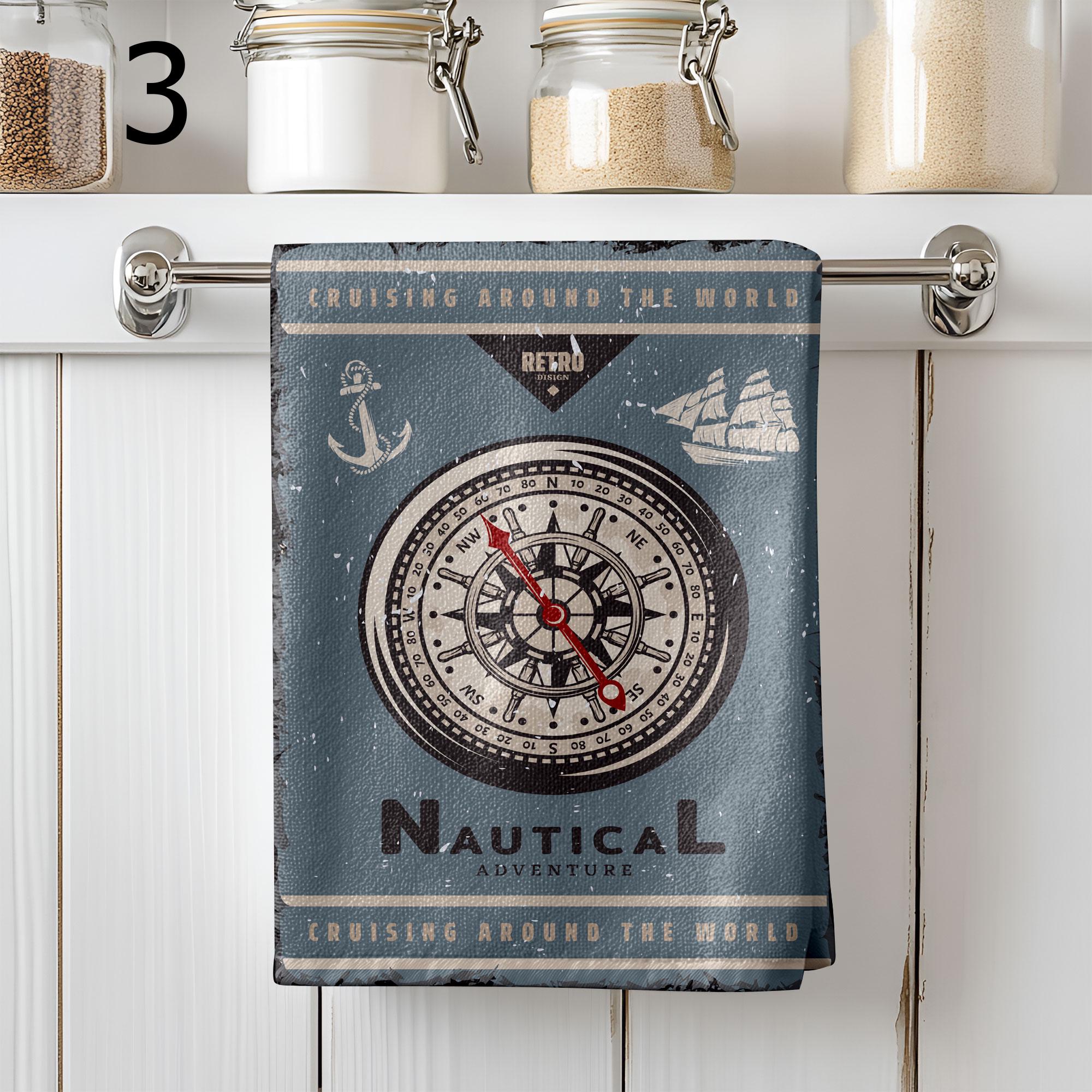 Nautical Tea Towels, Vintage Compass Kitchen Towels, Sailing Ship Retro Dish Towels, Maritime Adventure Gift for Him