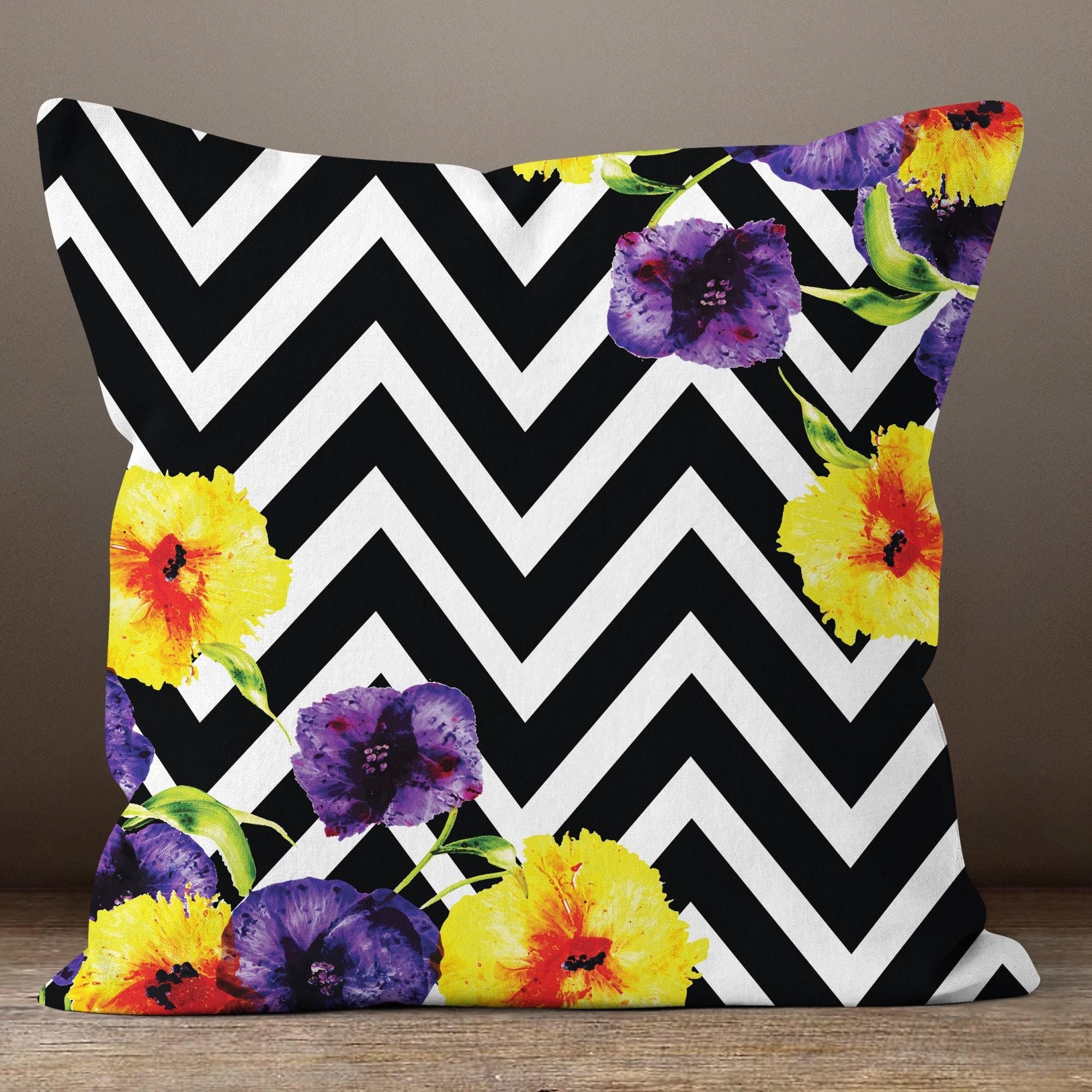 Purple Yellow Outdoor Waterproof Pillow Covers, Bold Floral Geometric Cushion Covers, Indoor Outdoor Puple Home Decor