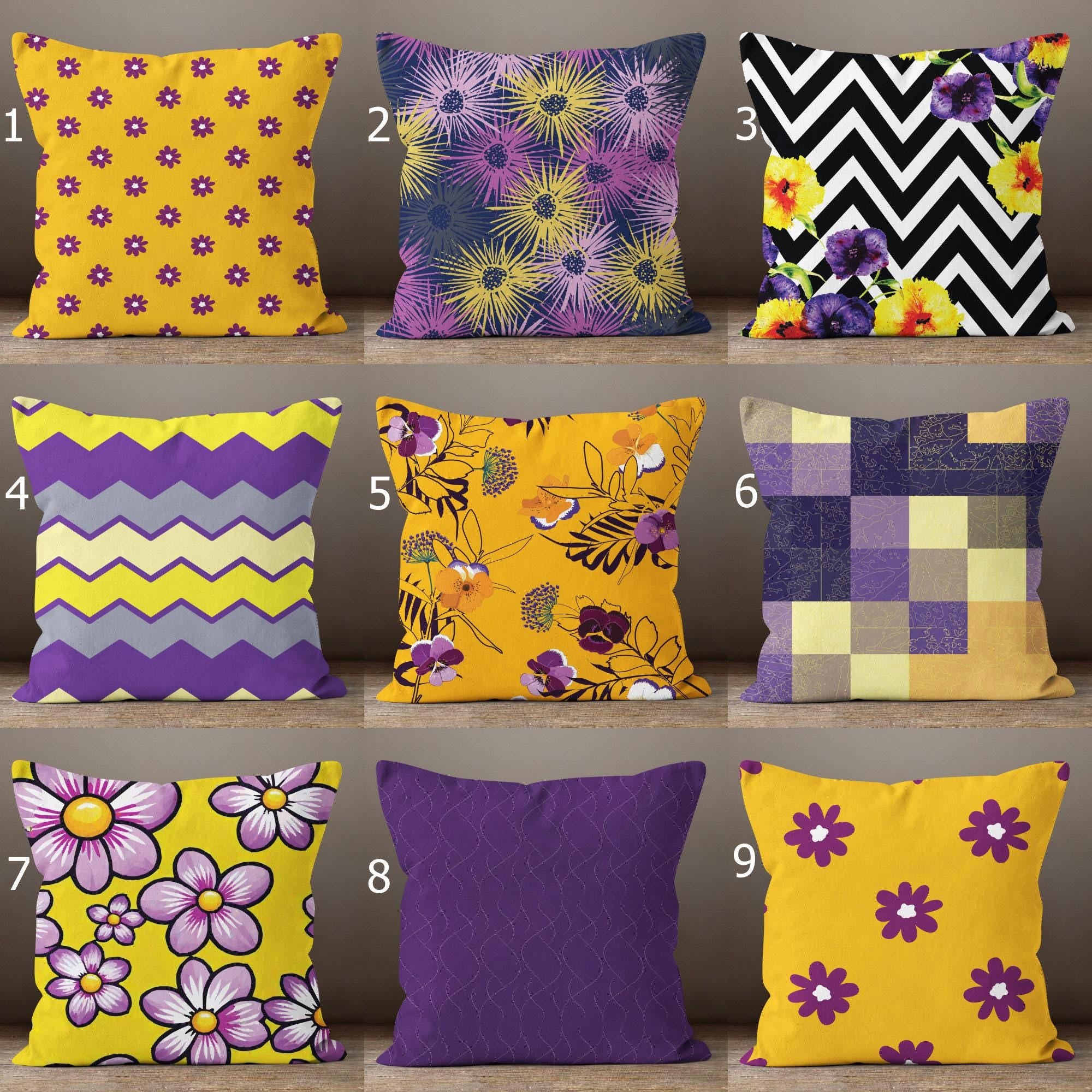 Purple Yellow Outdoor Waterproof Pillow Covers, Bold Floral Geometric Cushion Covers, Indoor Outdoor Puple Home Decor