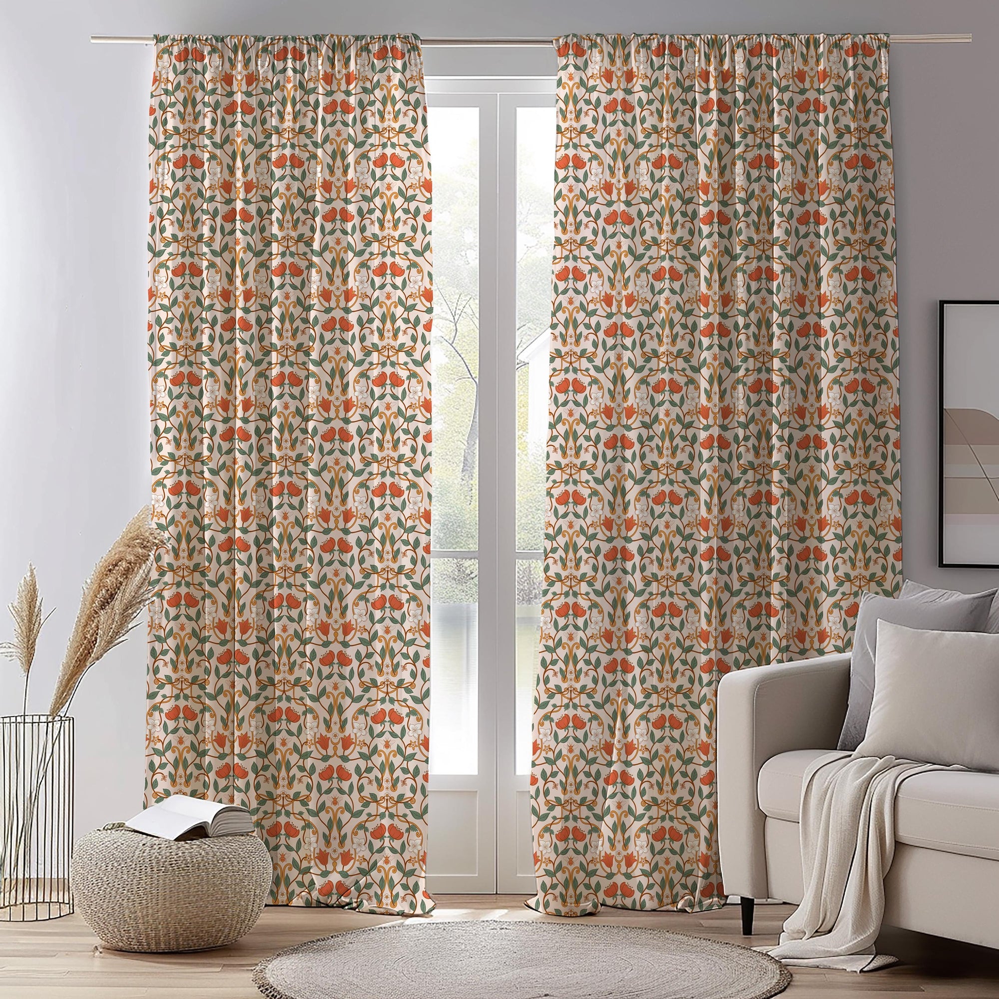 Retro Floral Curtains, 70s Hand Drawn Flower Drapes, 70s Boho Floral Curtain Panels, Mid Century Retro Flowers Window Print Curtains