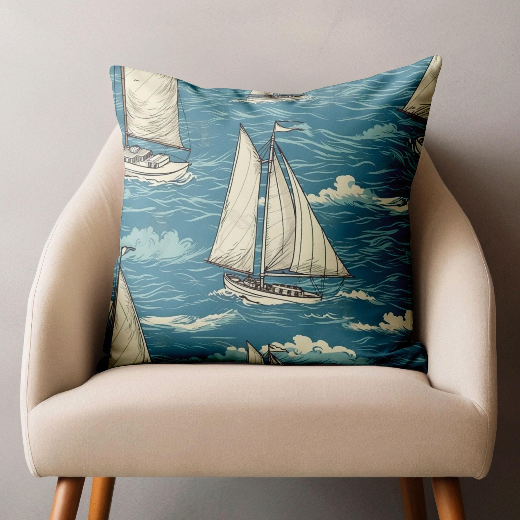 Ocean Theme İndoor/Outdoor Cushion Covers, Sailboat Decorative Pillow Covers, Blue Sea Throw Pillow Cases, Waterproff Coastal Outdoor Decor
