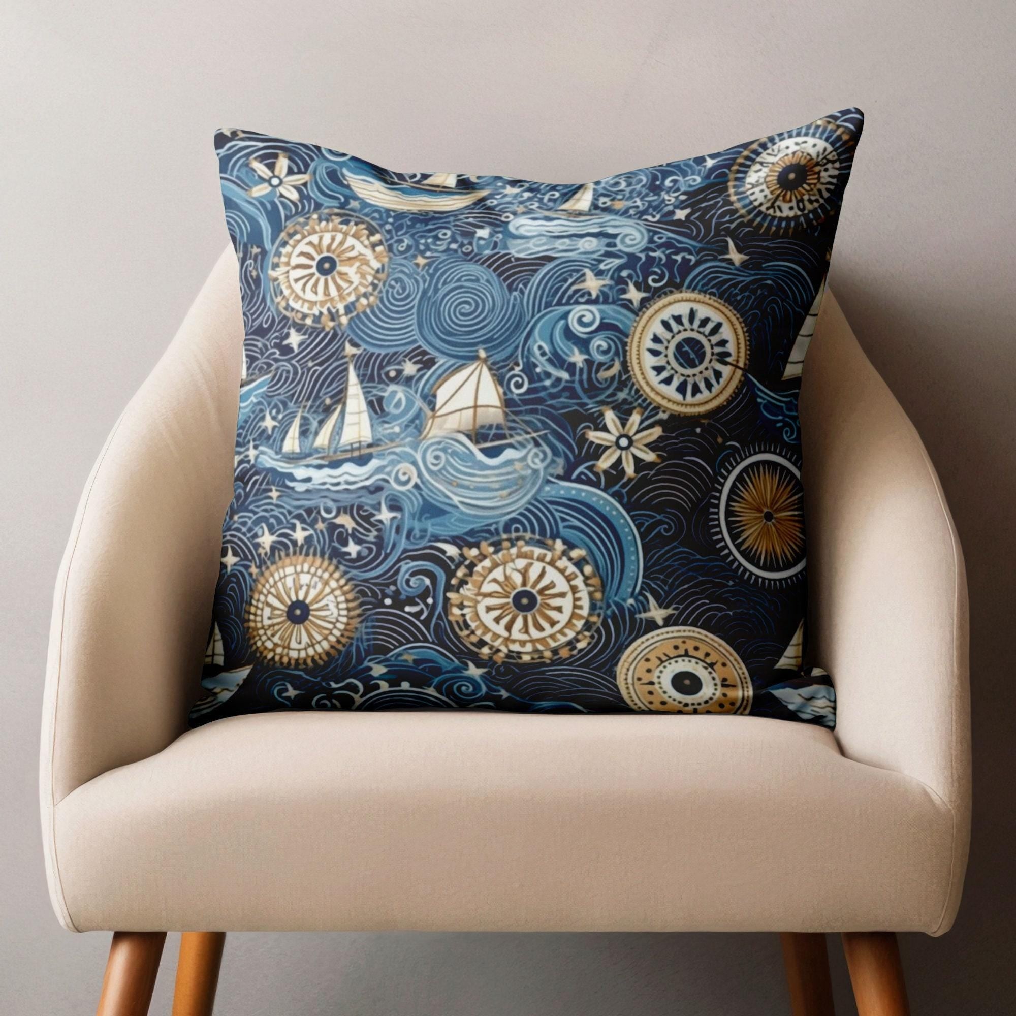 Ocean Theme İndoor/Outdoor Cushion Covers, Sailboat Decorative Pillow Covers, Blue Sea Throw Pillow Cases, Waterproff Coastal Outdoor Decor